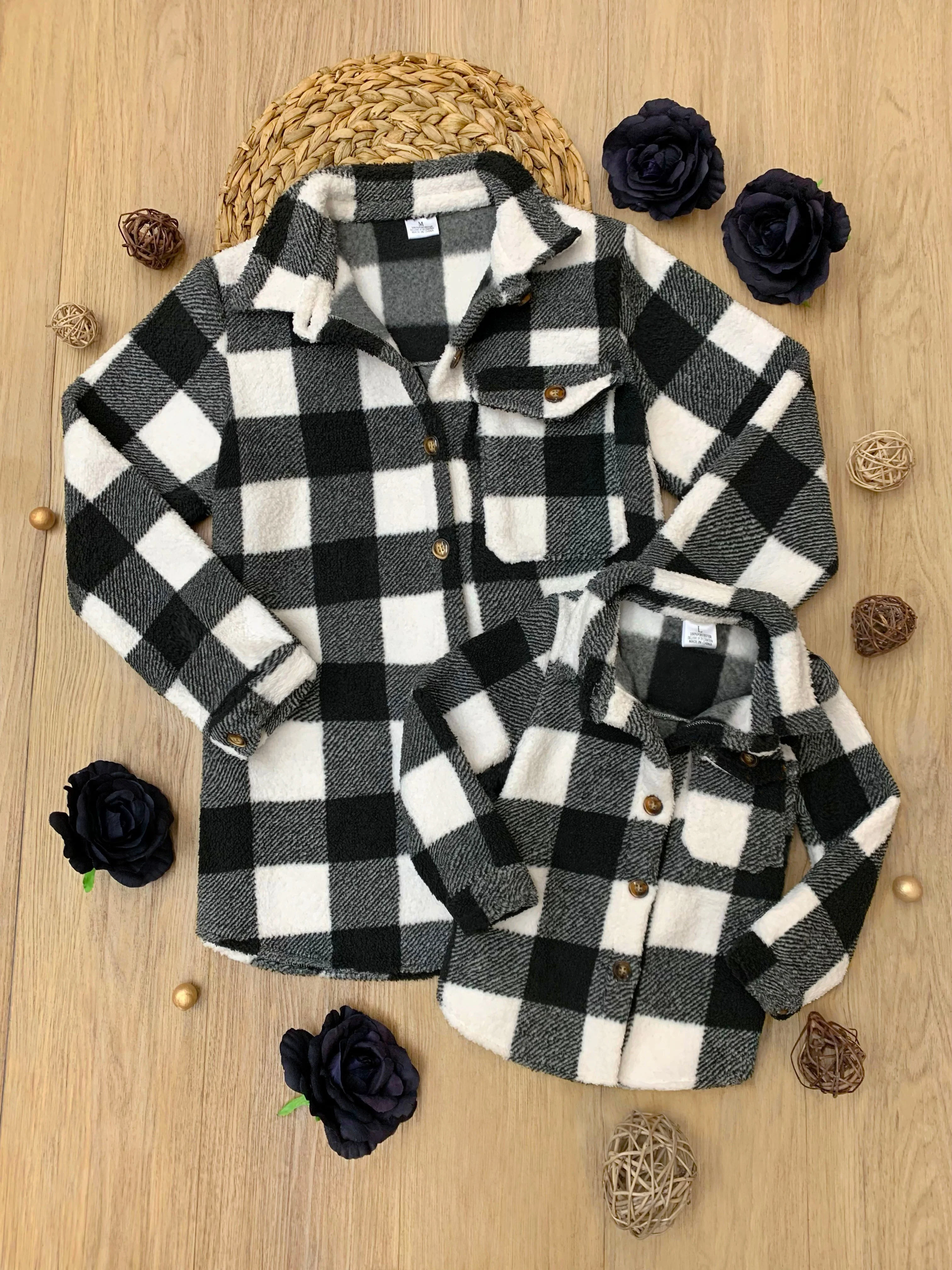Mommy and Me Black and White Buffalo Plaid Sherpa Shacket - Image 5