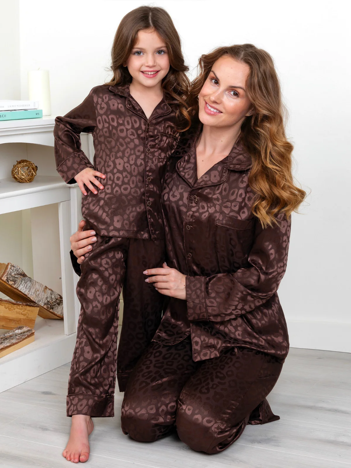 Mommy and Me Brown Leopard Print Silky Pajama Set - Image 3