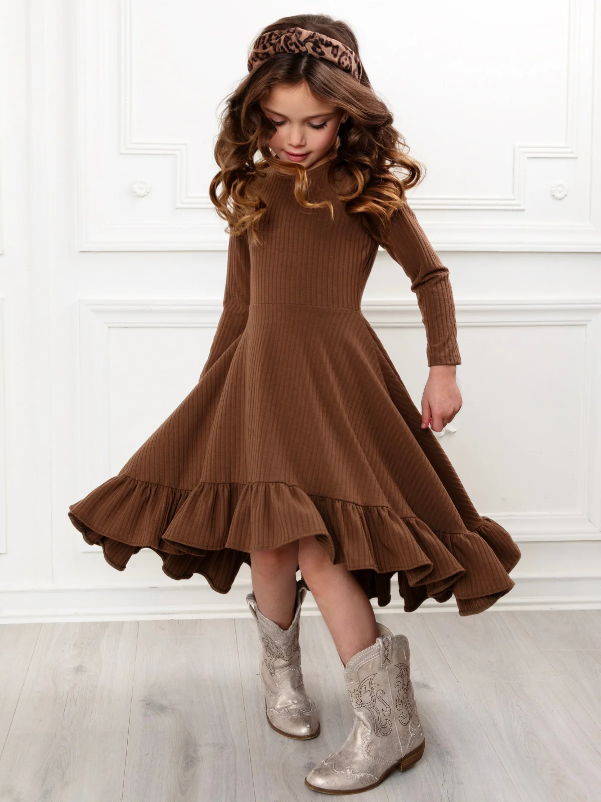 Mommy and Me Brown Ruffled Rib Hi-Lo Twirl Dress - Image 3