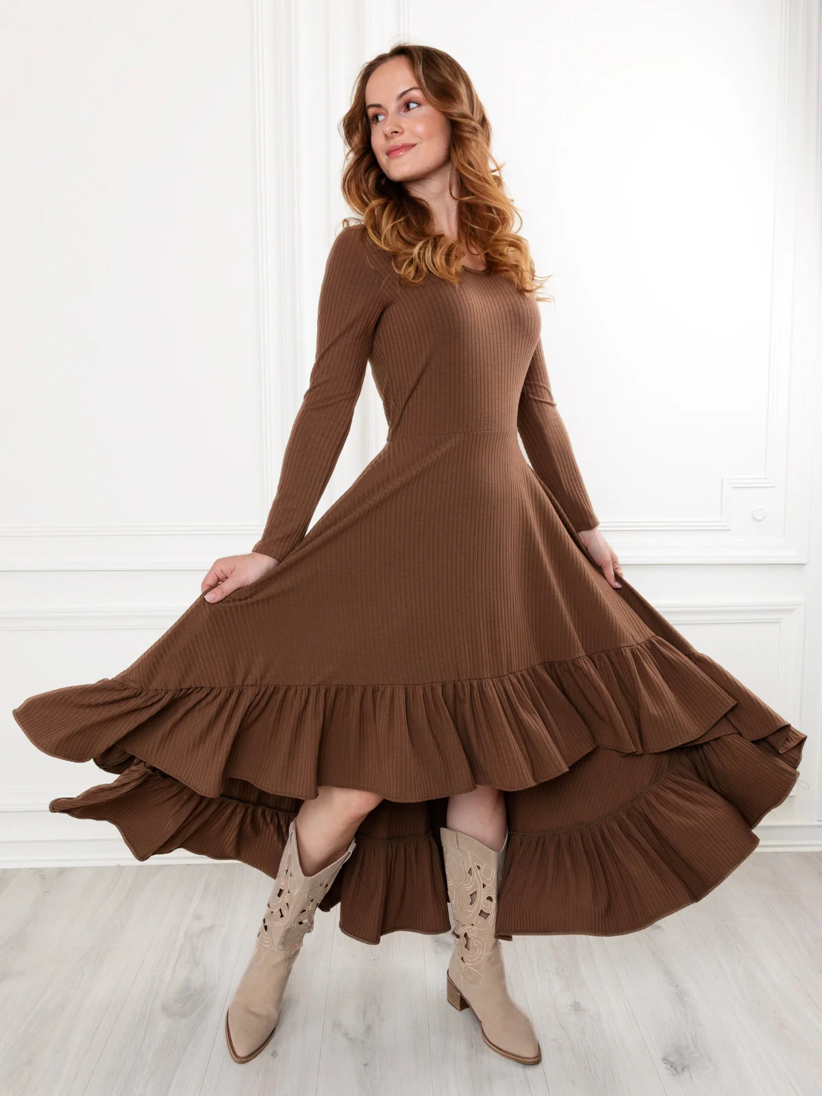Mommy and Me Brown Ruffled Rib Hi-Lo Twirl Dress - Image 4