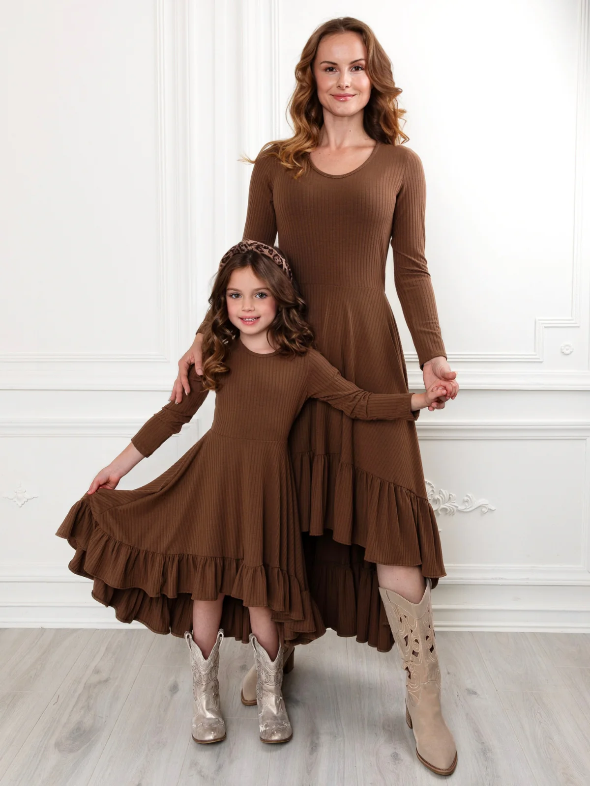 Mommy and Me Brown Ruffled Rib Hi-Lo Twirl Dress - Image 5