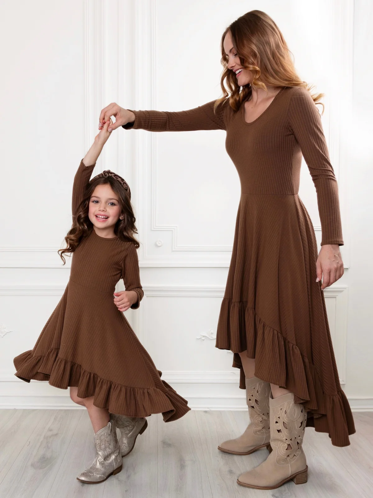 Mommy and Me Brown Ruffled Rib Hi-Lo Twirl Dress - Image 6