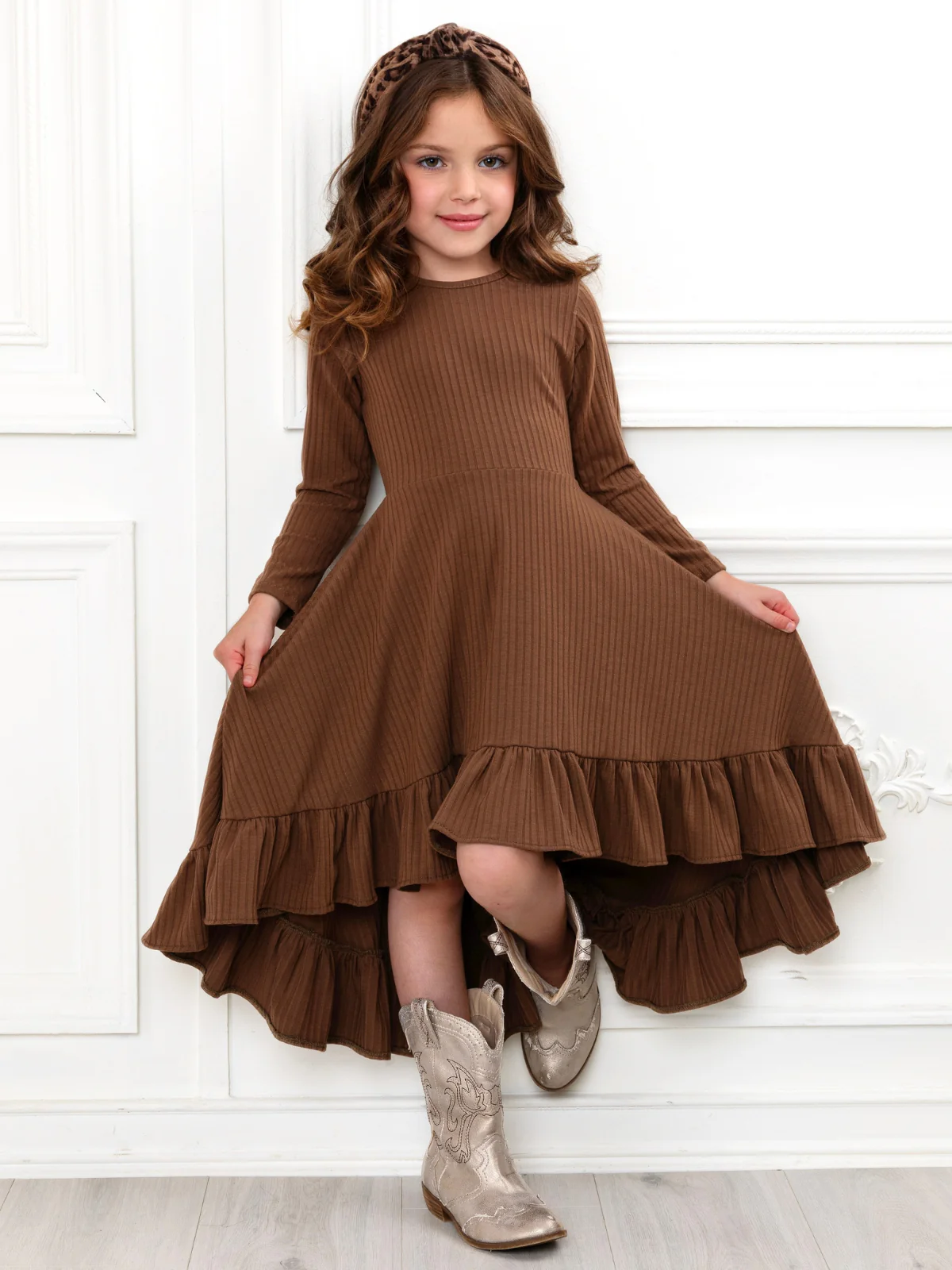 Mommy and Me Brown Ruffled Rib Hi-Lo Twirl Dress - Image 8