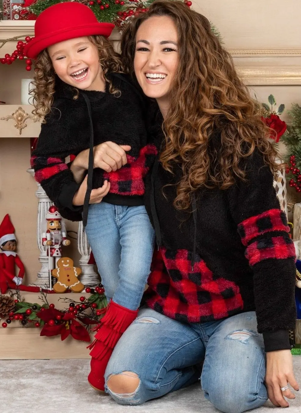 Mommy and Me Buffalo Plaid Plush Hoodie - Image 2