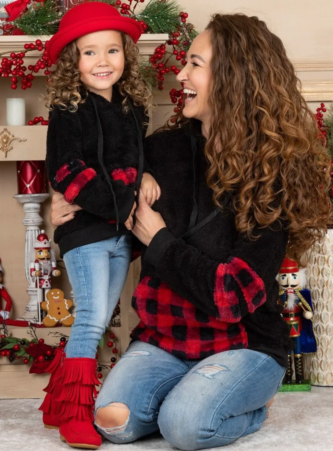Mommy and Me Buffalo Plaid Plush Hoodie - Image 3