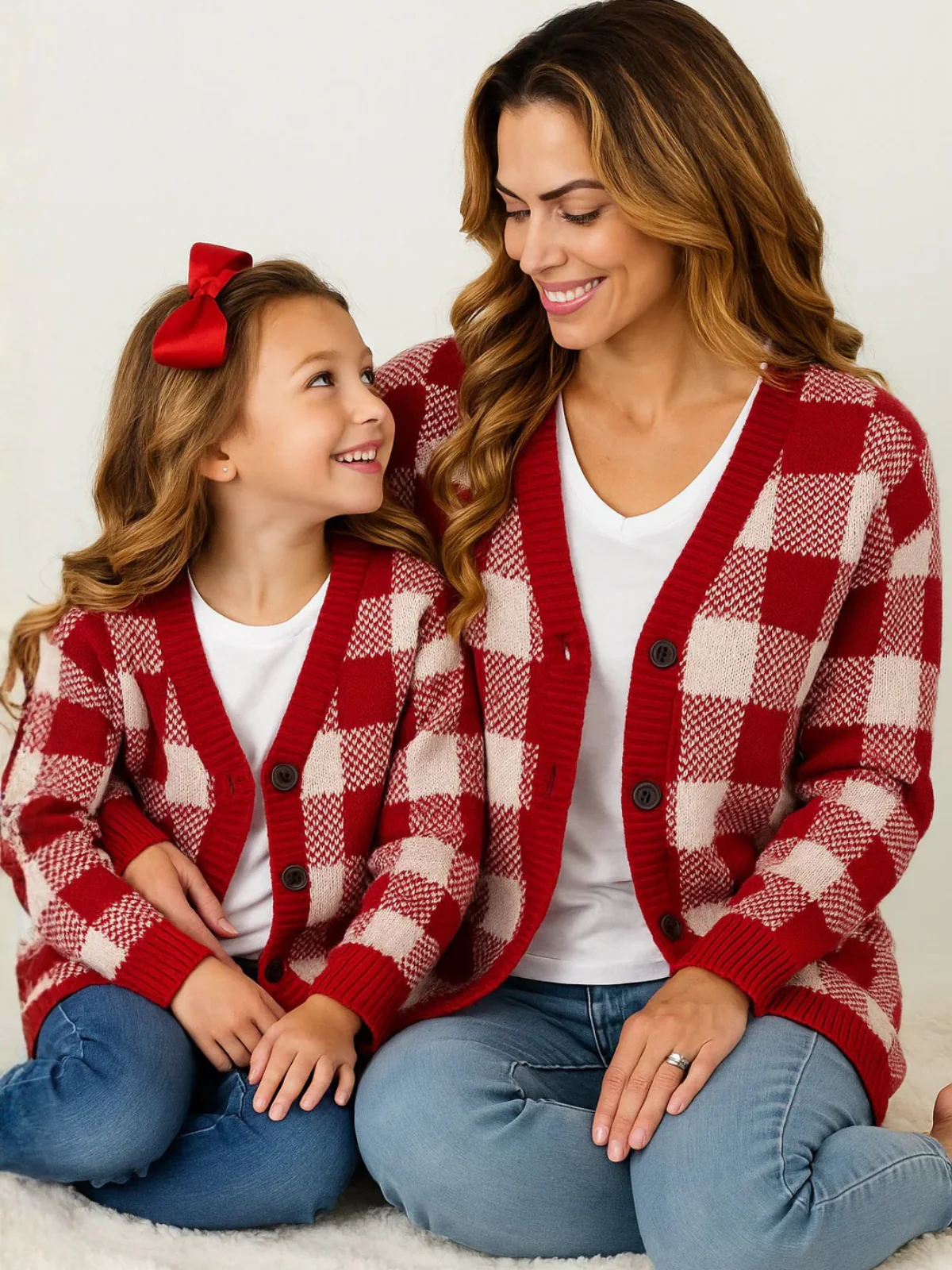 Mommy and Me Burgundy and White Checkered Oversized Cardigan - Image 2