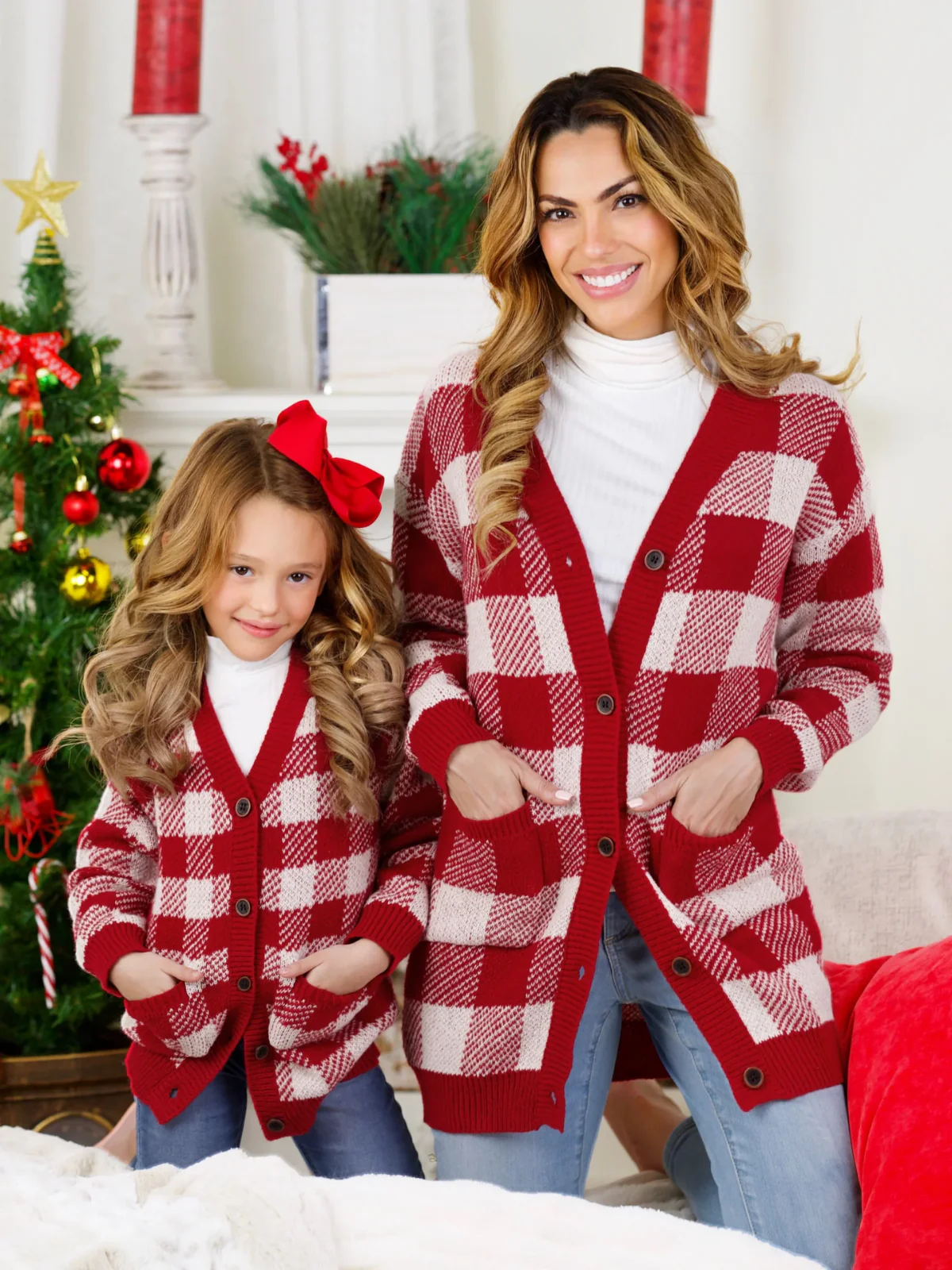 Mommy and Me Burgundy and White Checkered Oversized Cardigan - Image 3