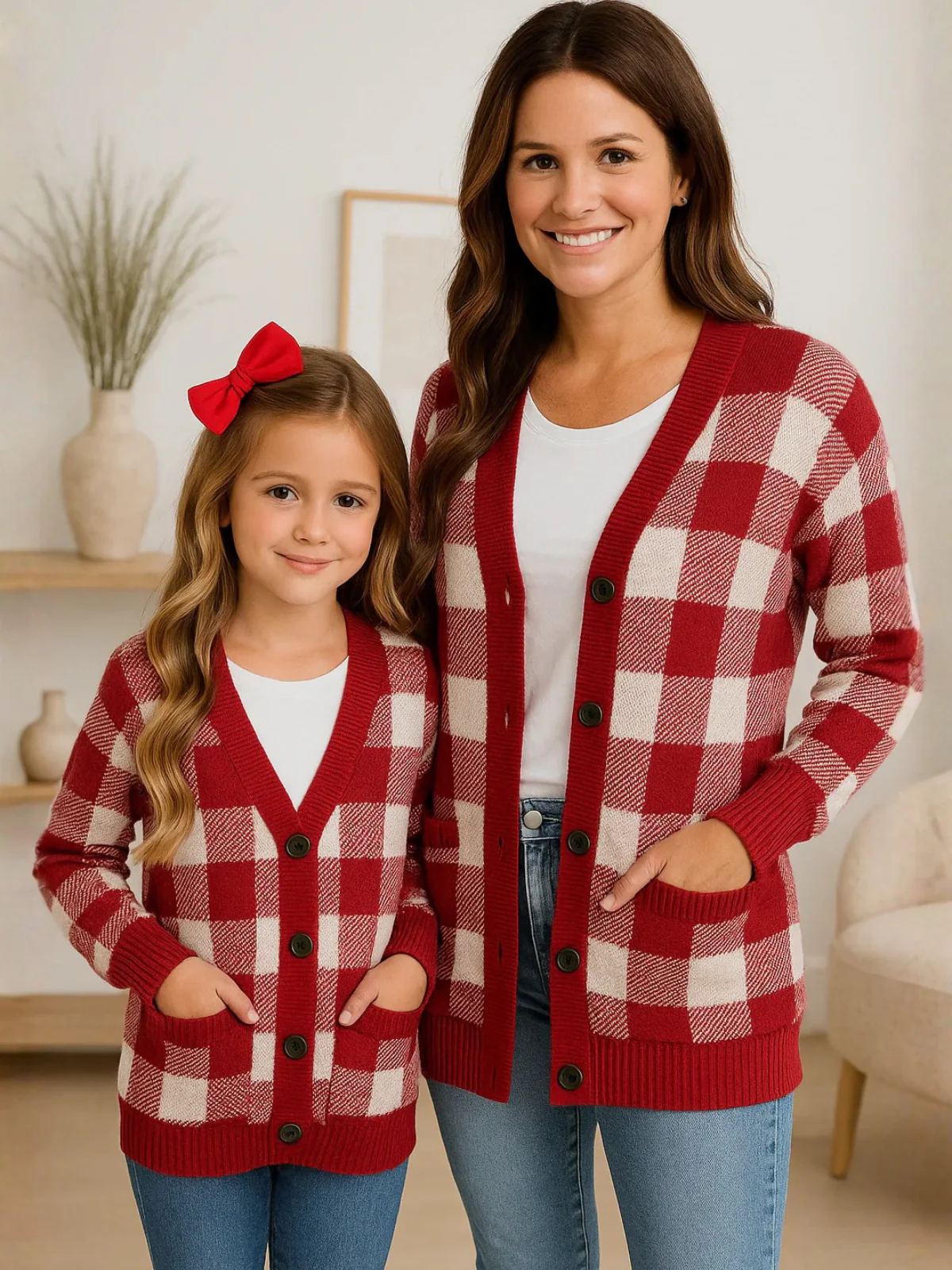 Mommy and Me Burgundy and White Checkered Oversized Cardigan - Image 4