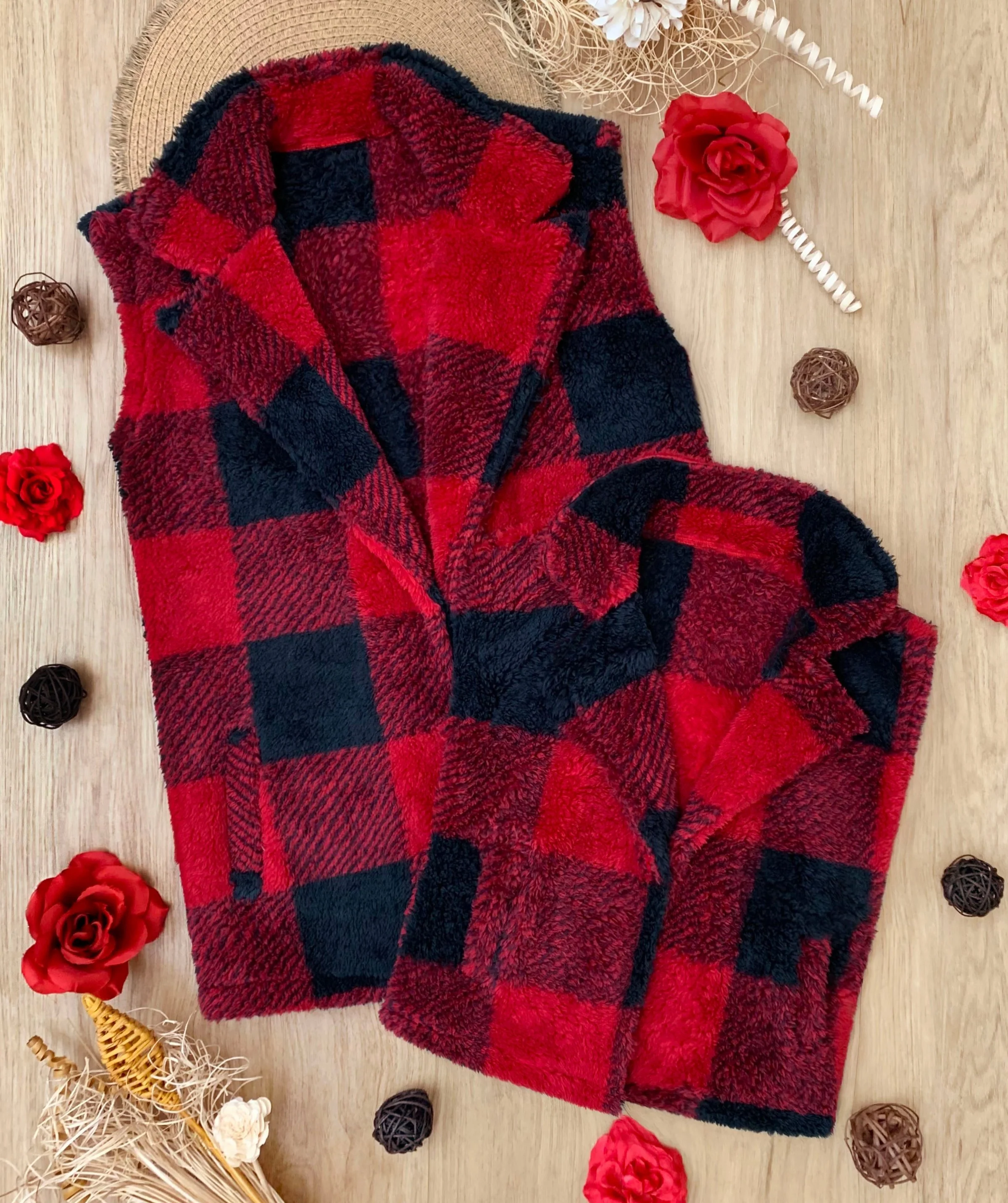Mommy and Me Furry Buffalo Plaid Outerwear Vest - Image 2