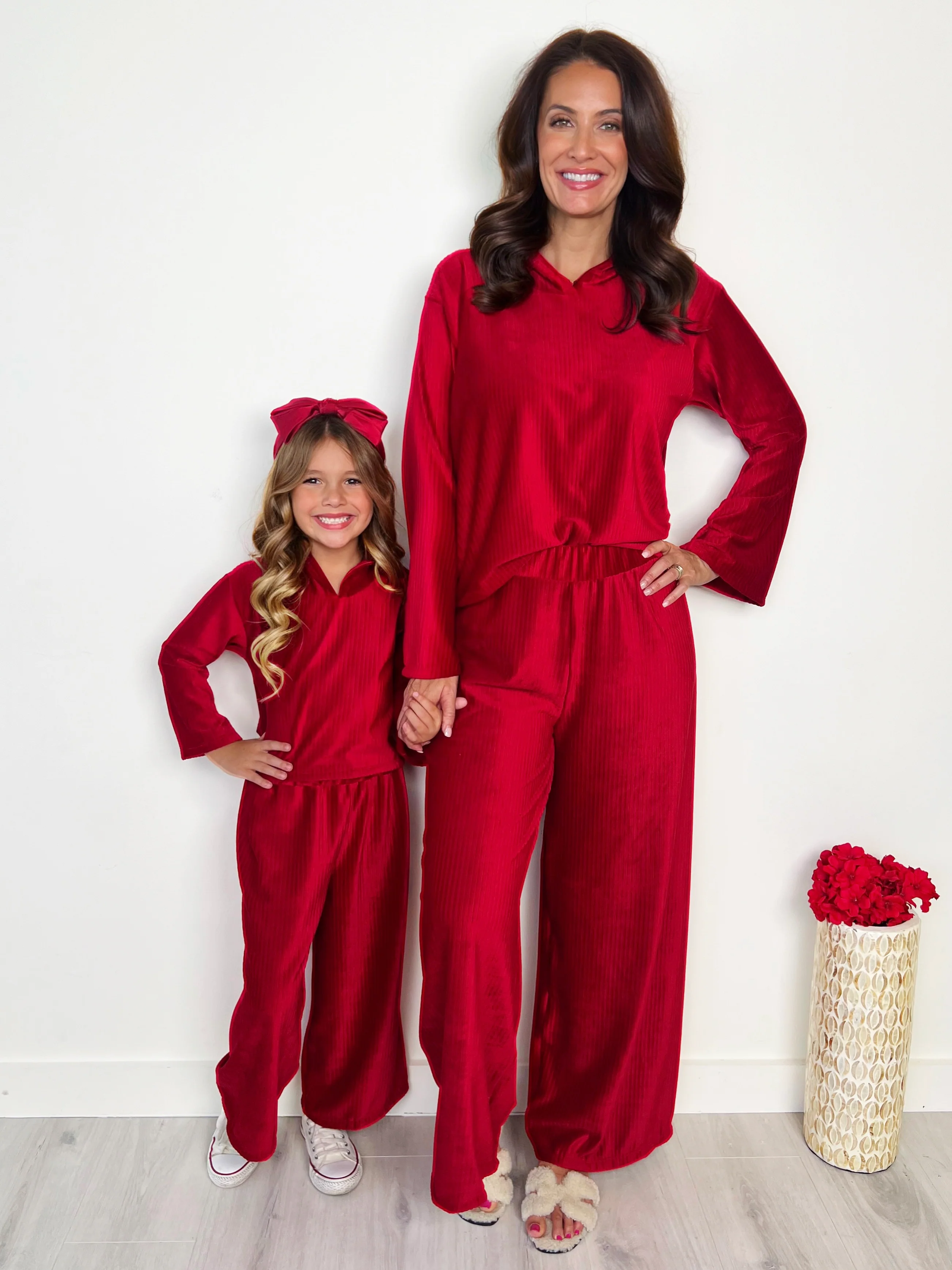 Mommy and Me Cozy Luxe Red Velvet Hooded Pant Set - Image 2