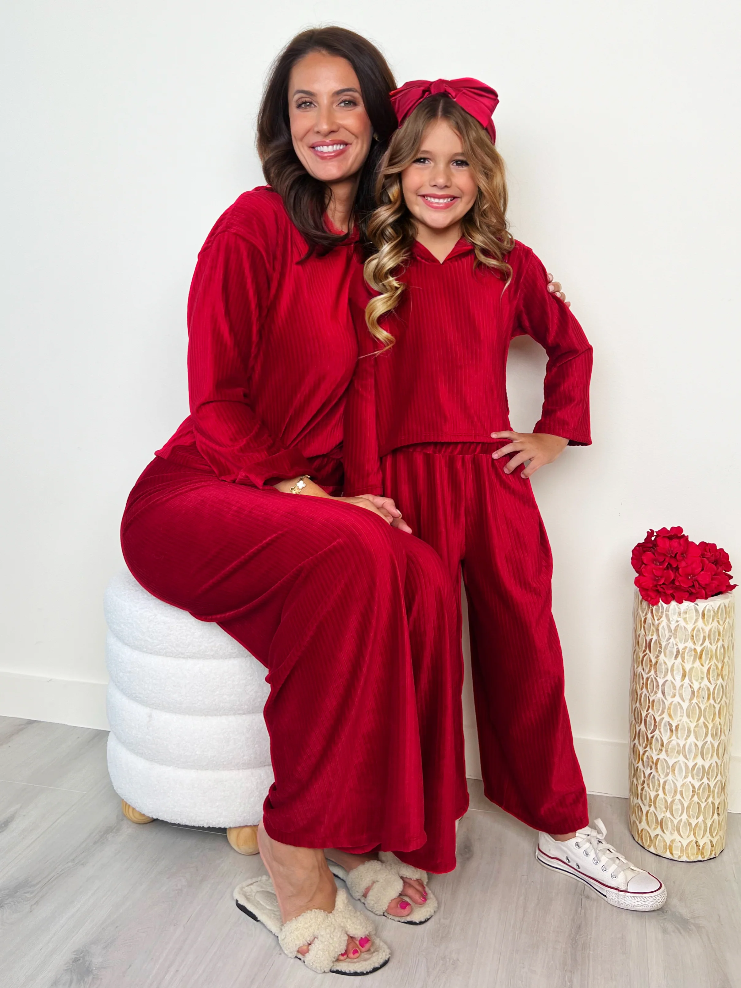 Mommy and Me Cozy Luxe Red Velvet Hooded Pant Set - Image 3