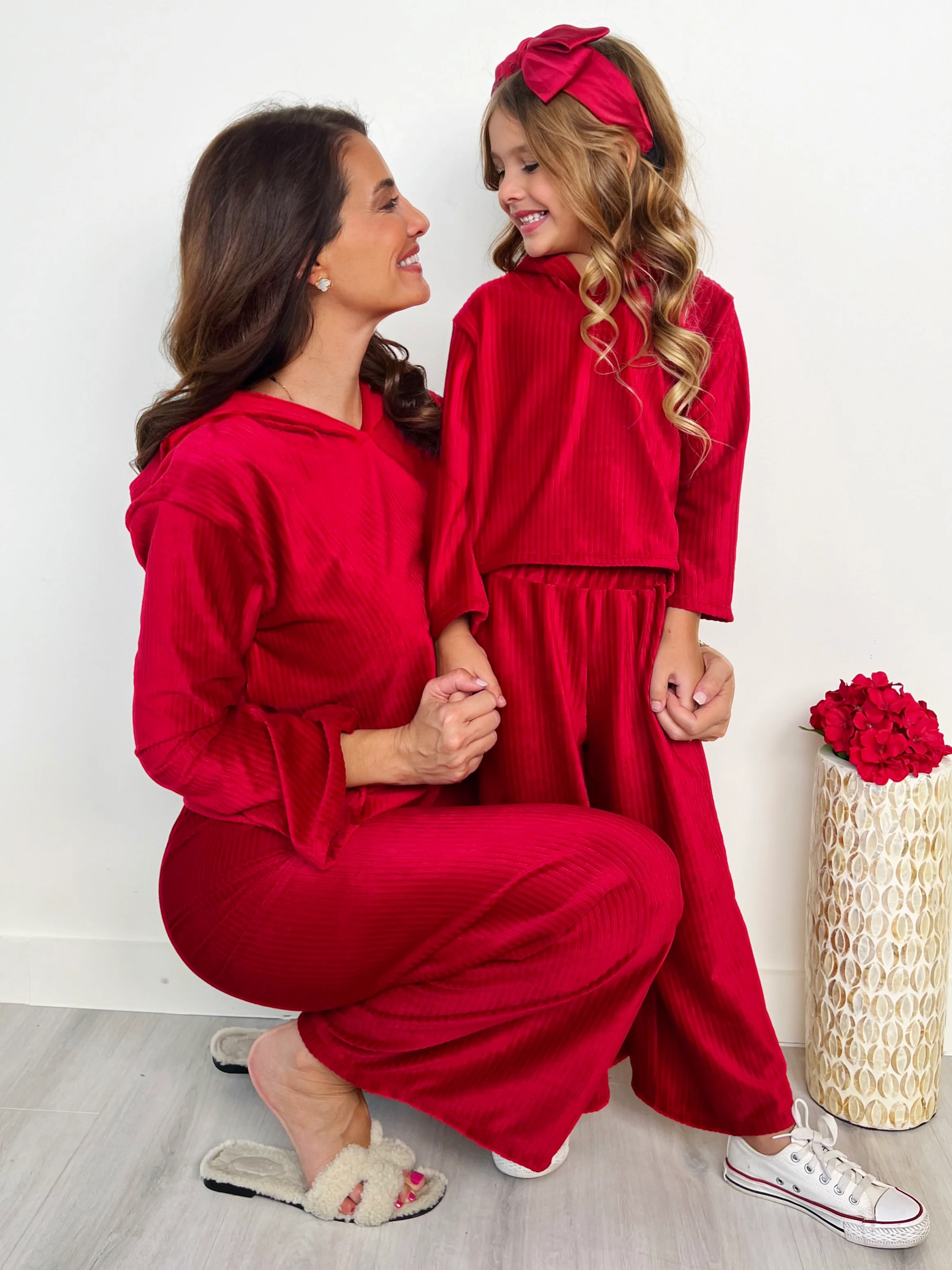 Mommy and Me Cozy Luxe Red Velvet Hooded Pant Set - Image 5