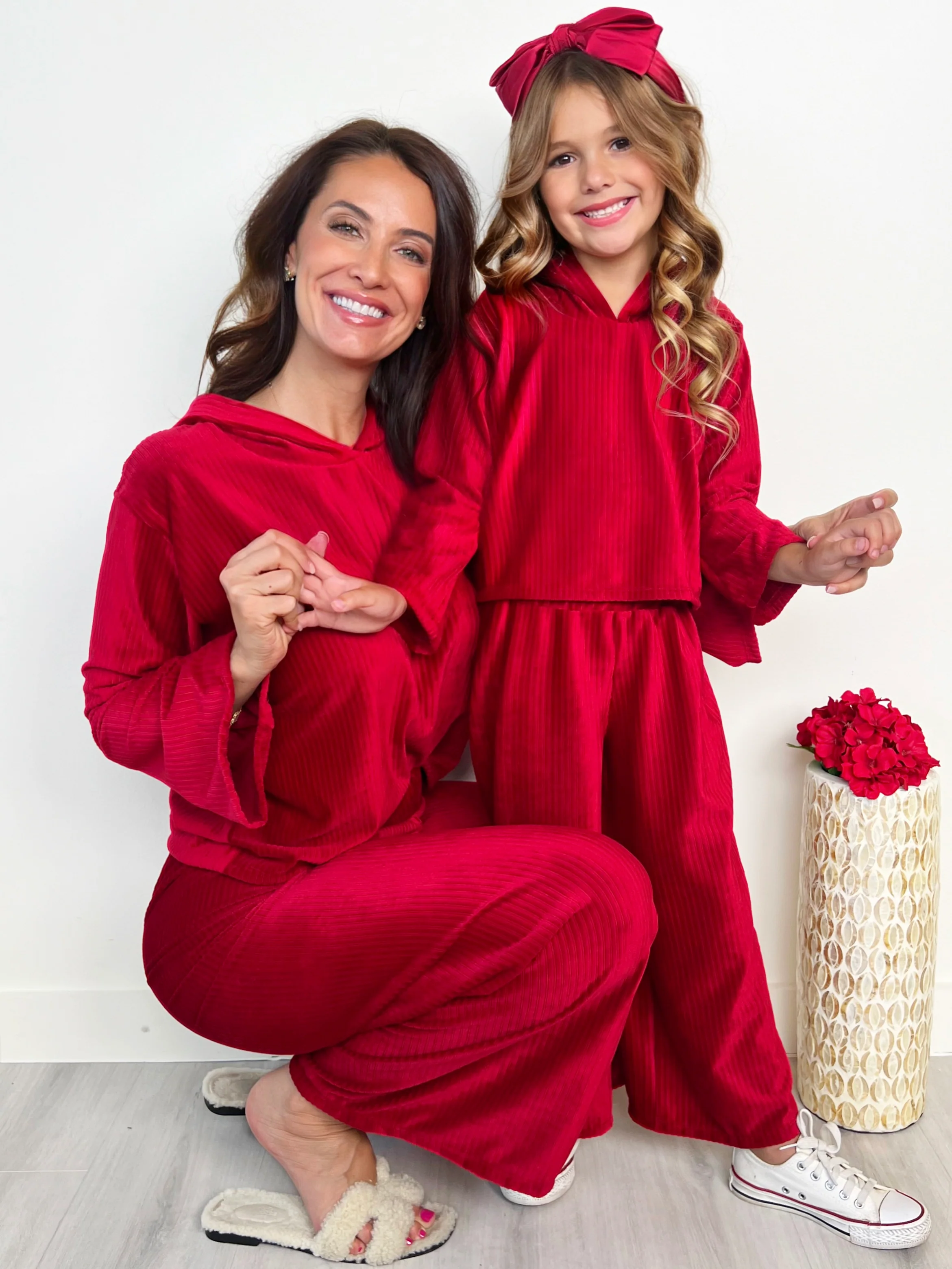 Mommy and Me Cozy Luxe Red Velvet Hooded Pant Set - Image 6