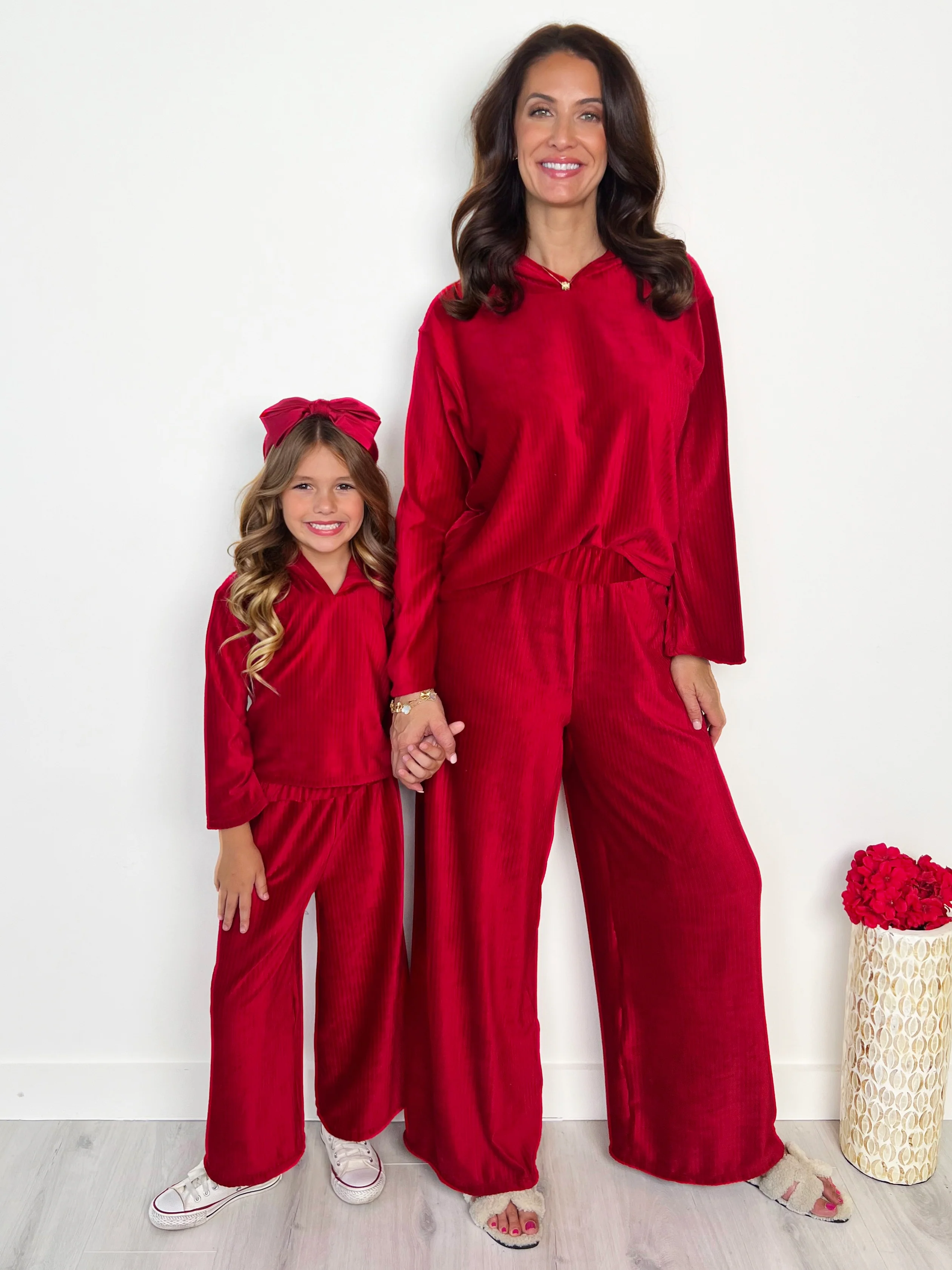 Mommy and Me Cozy Luxe Red Velvet Hooded Pant Set - Image 7
