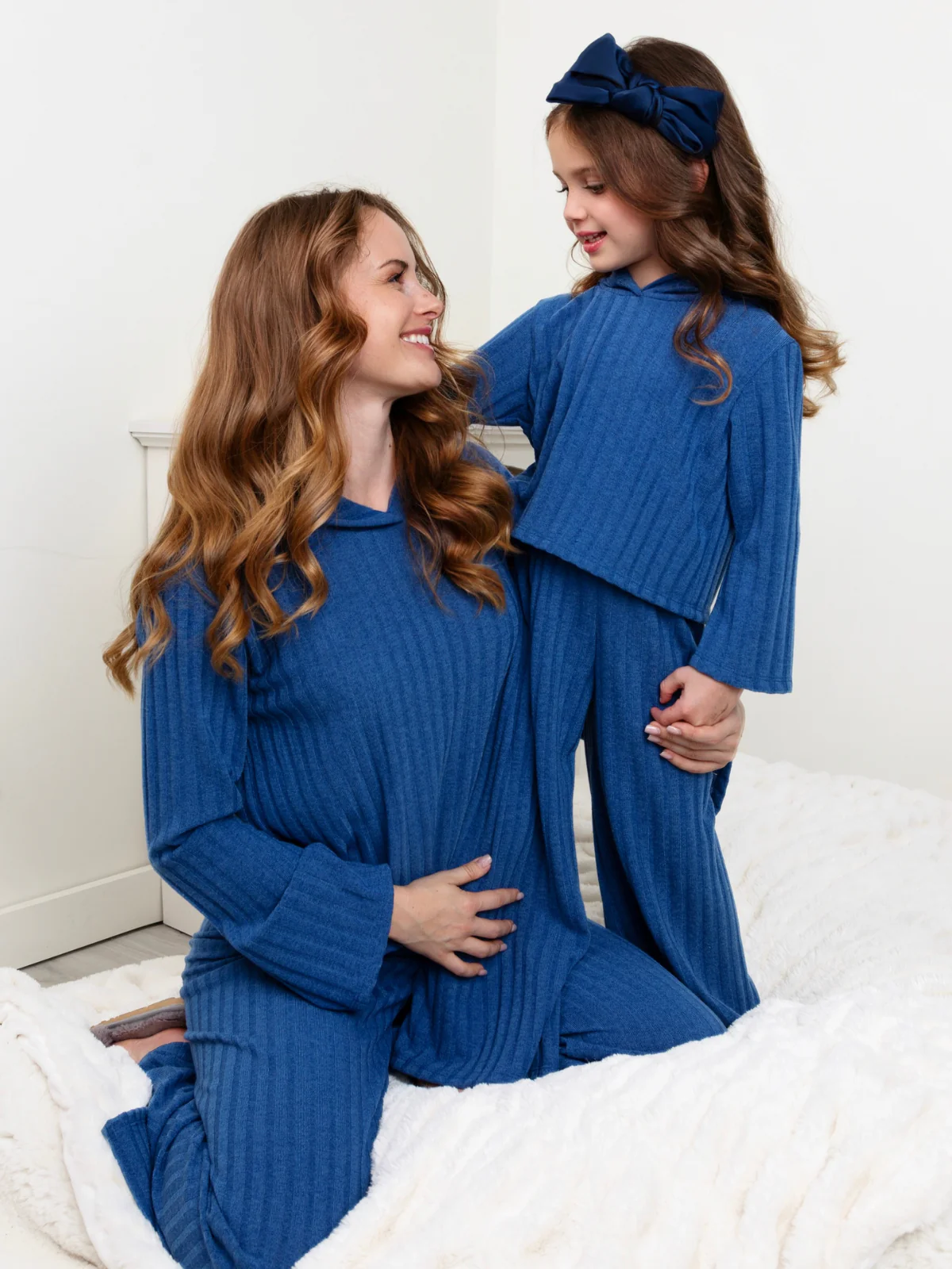 Mommy and Me Cozy Together Blue Ribbed Hooded Pant Set - Image 2
