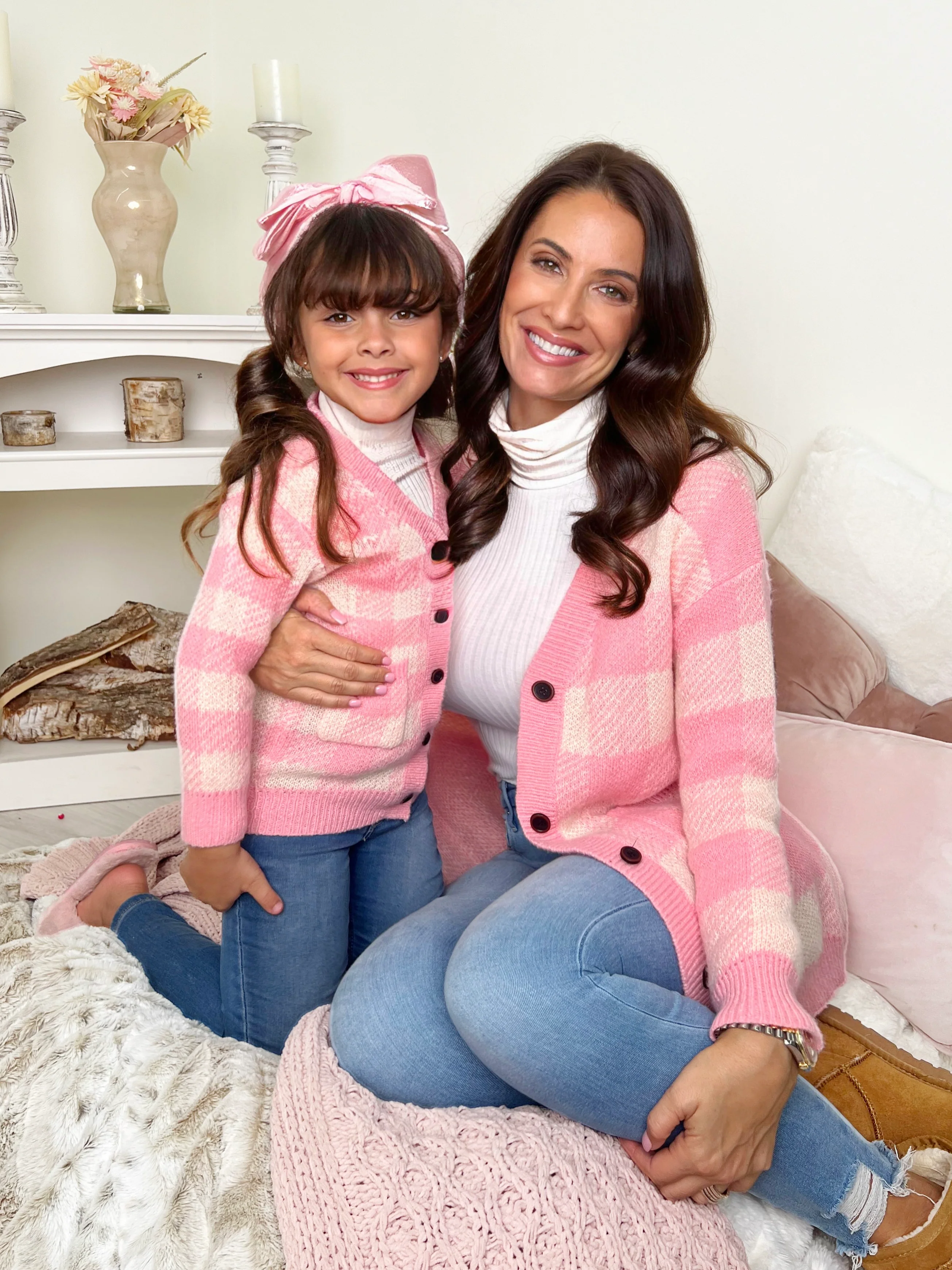 Mommy and Me Pink and White Checkered Oversized Cardigan - Image 3