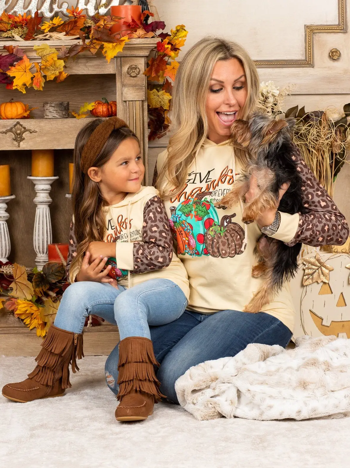 Mommy and Me Give Thanks Leopard Sleeve Hoodie - Image 2