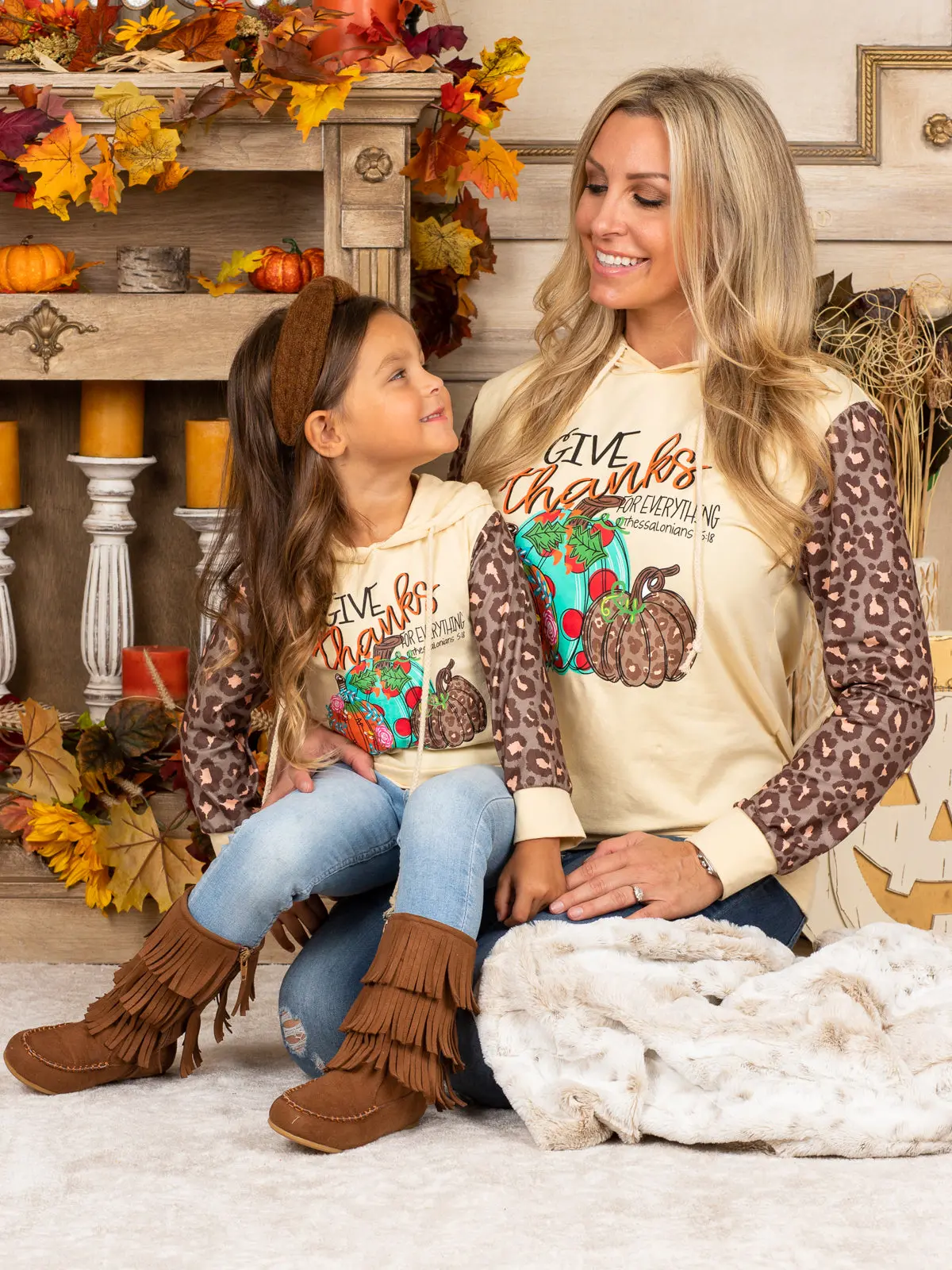 Mommy and Me Give Thanks Leopard Sleeve Hoodie - Image 3