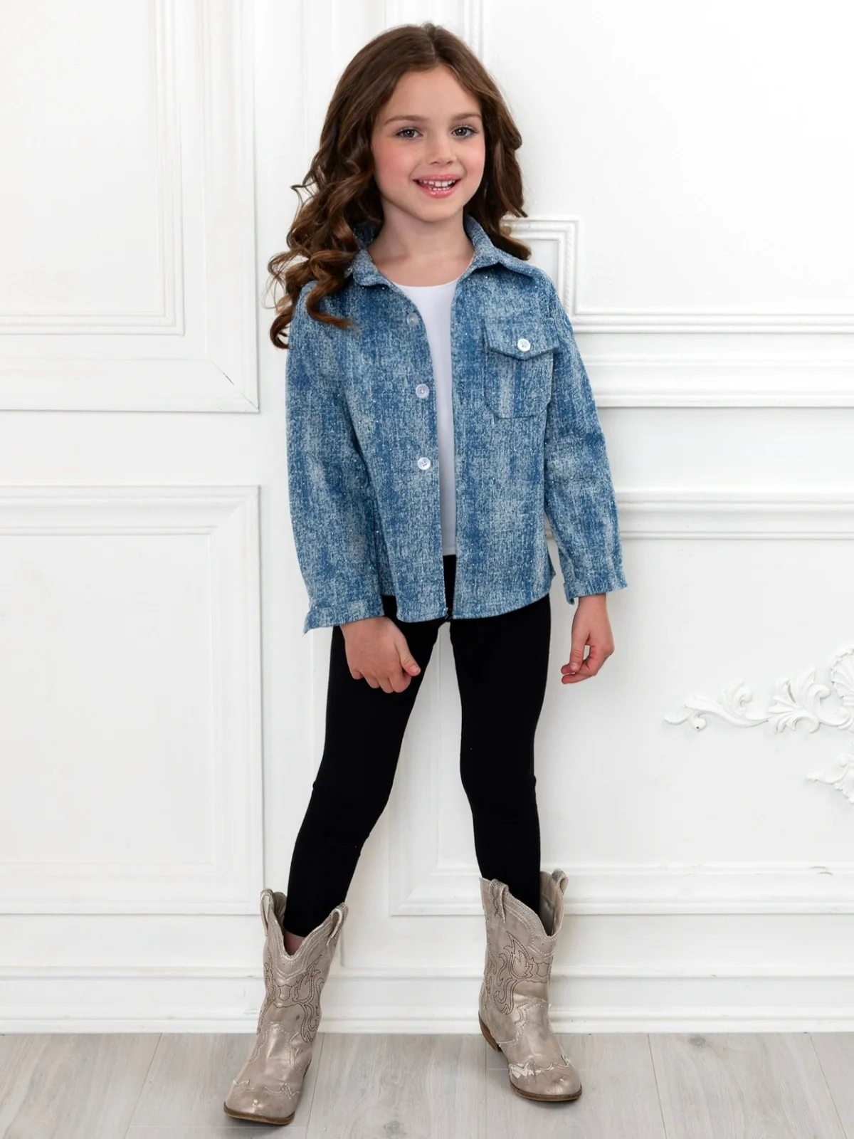 Mommy and Me Glam Glitter Light Medium Wash Denim Shacket - Image 2