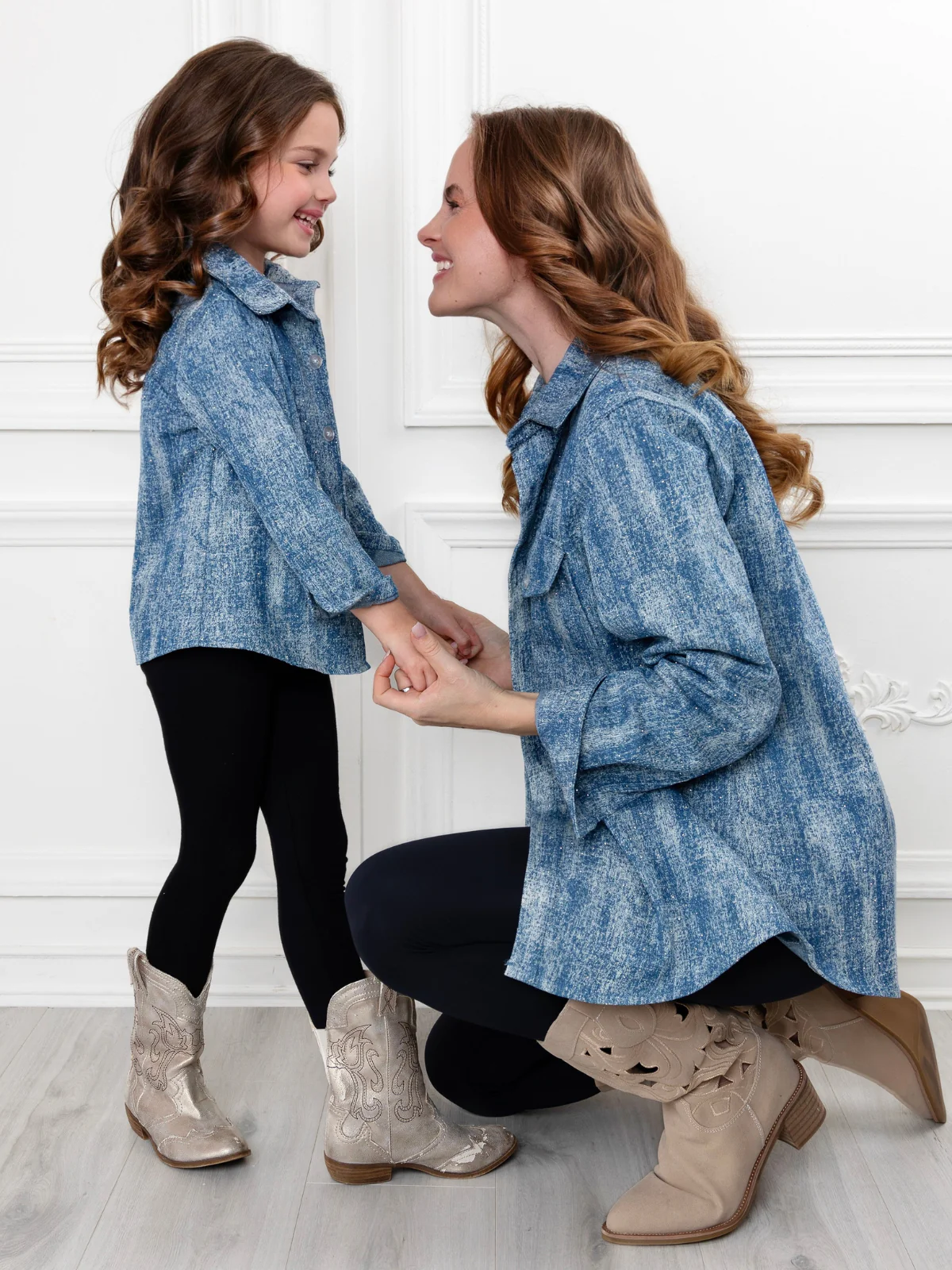 Mommy and Me Glam Glitter Light Medium Wash Denim Shacket - Image 4