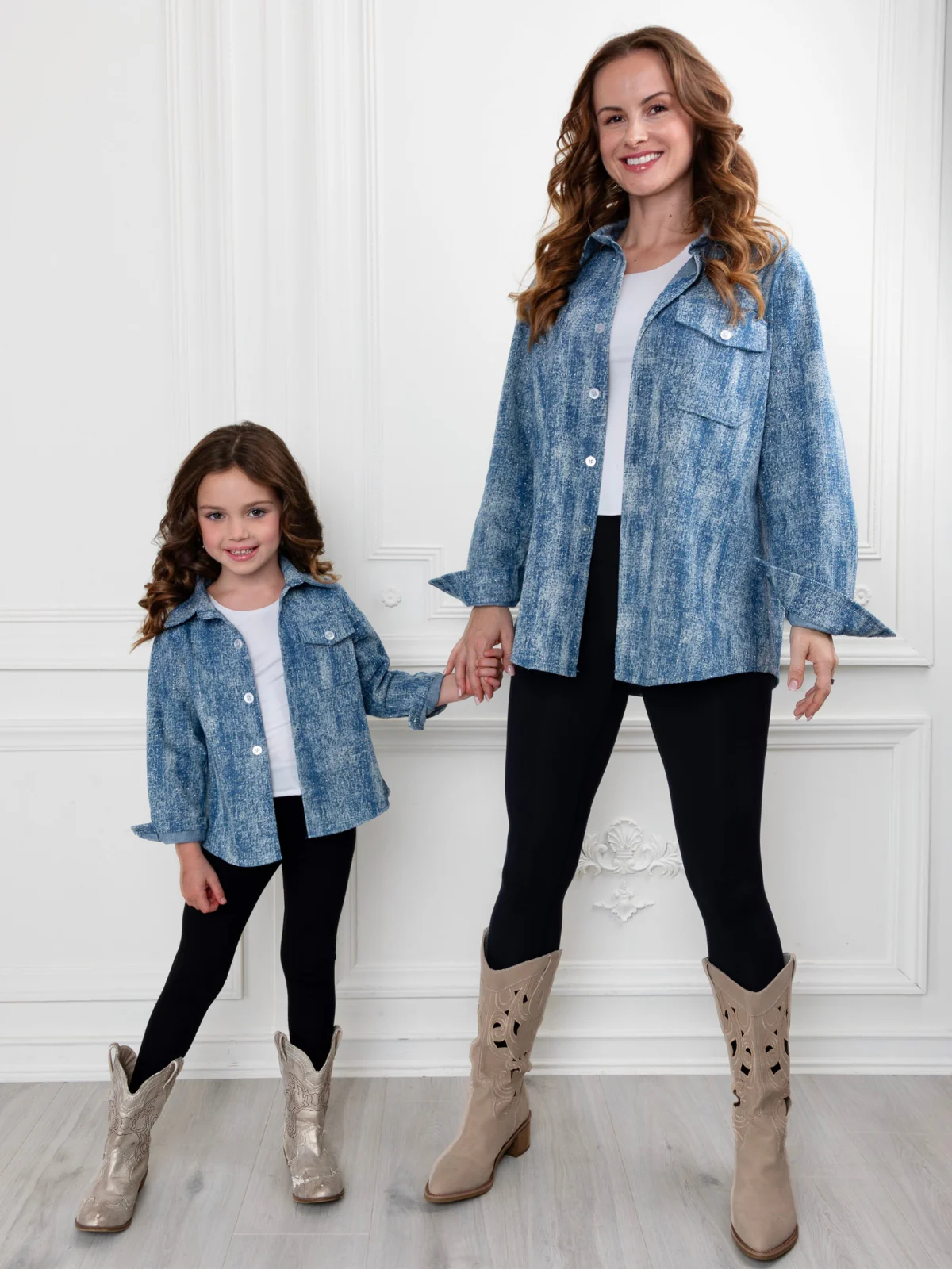Mommy and Me Glam Glitter Light Medium Wash Denim Shacket - Image 6