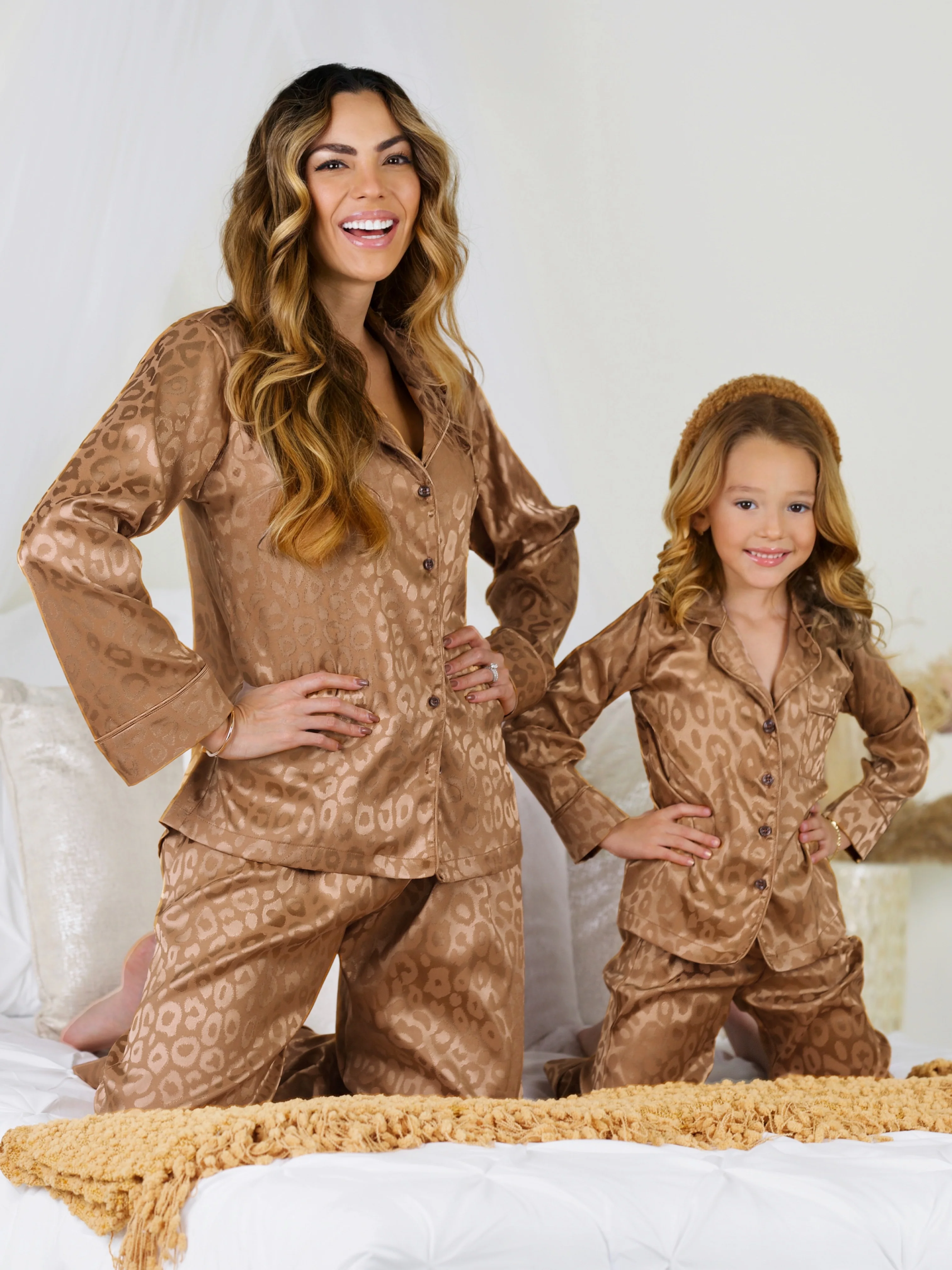 Girls Gold Leopard Print Silky Pajama Set - Image 3