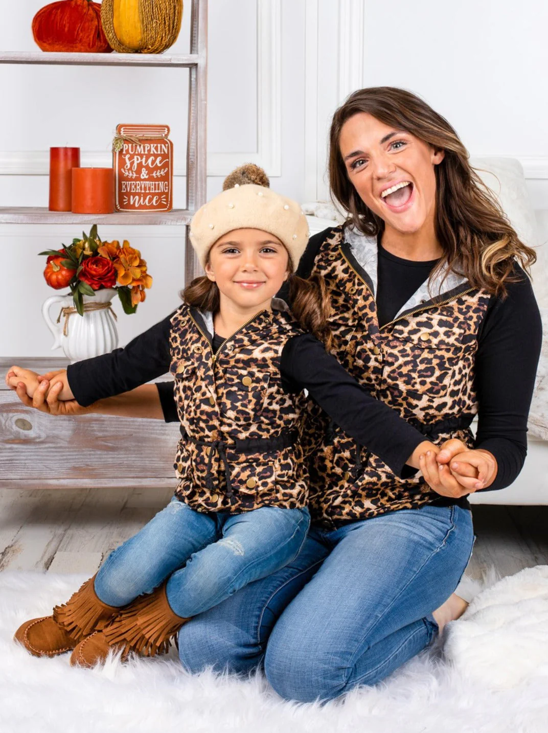 Mommy and Me Top and Leopard Hoodie Vest Set - Image 2