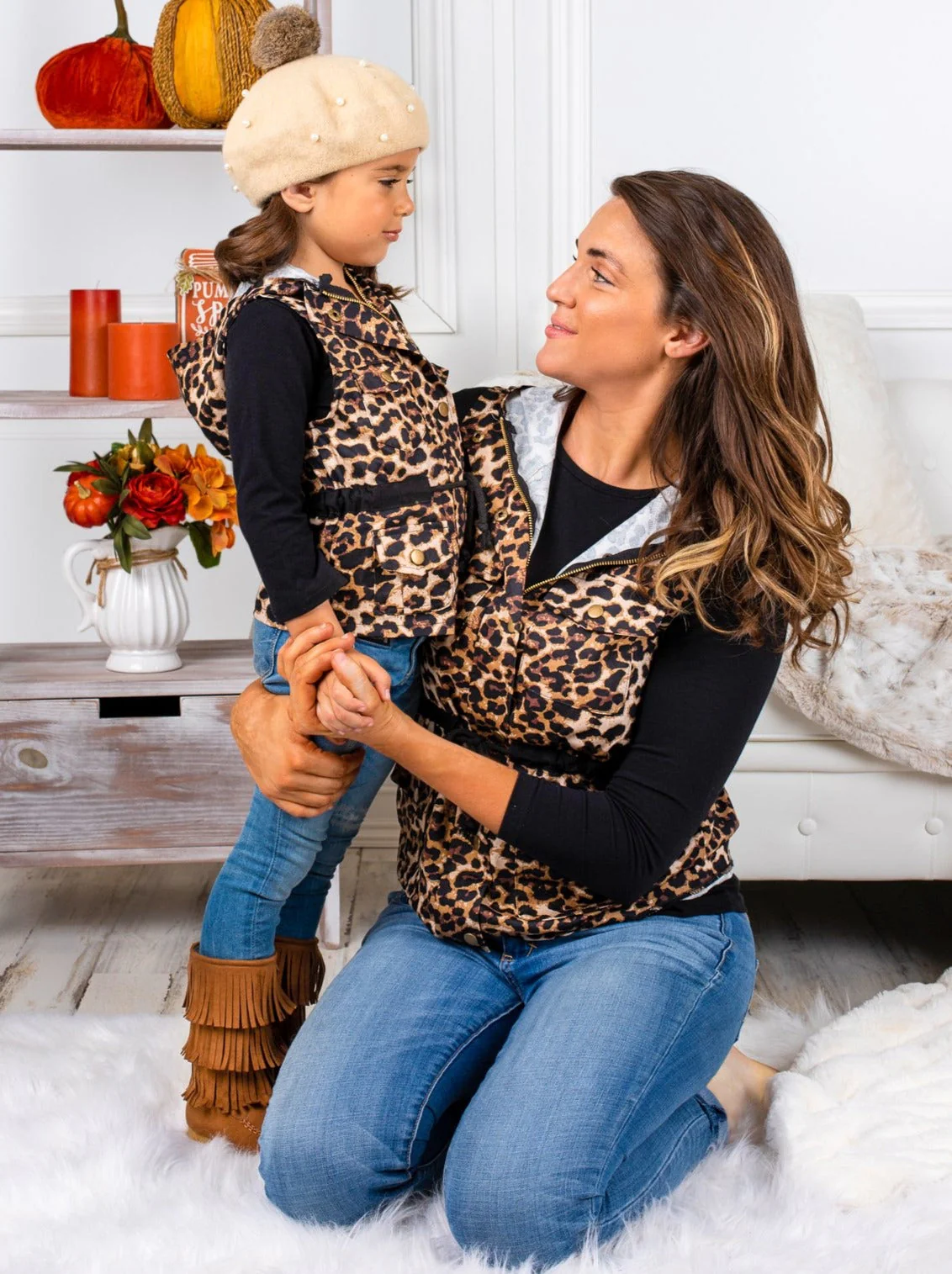 Mommy and Me Top and Leopard Hoodie Vest Set - Image 5