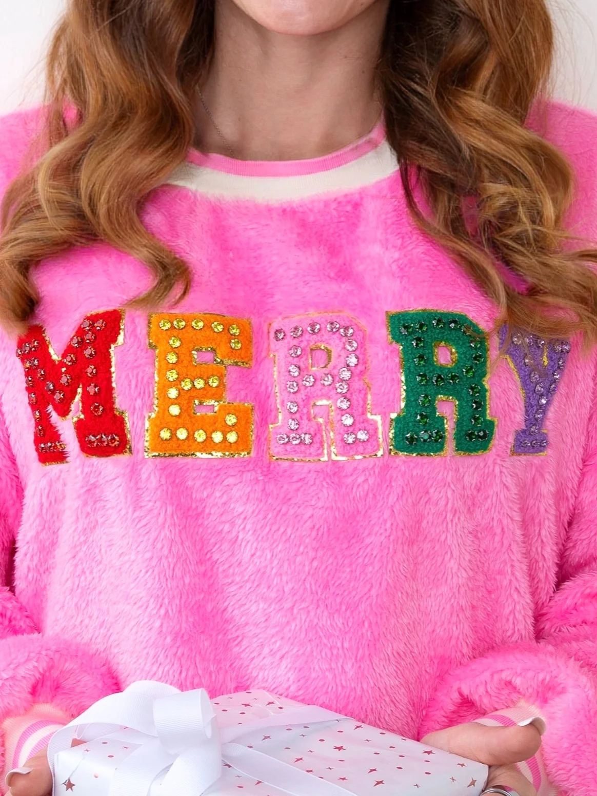 Mommy and Me Merry Embroidered Pink Furry Sweater - Image 3