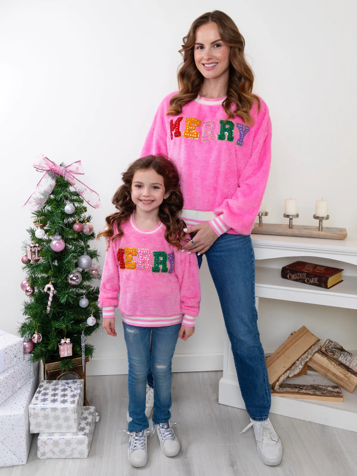 Mommy and Me Merry Embroidered Pink Furry Sweater - Image 4