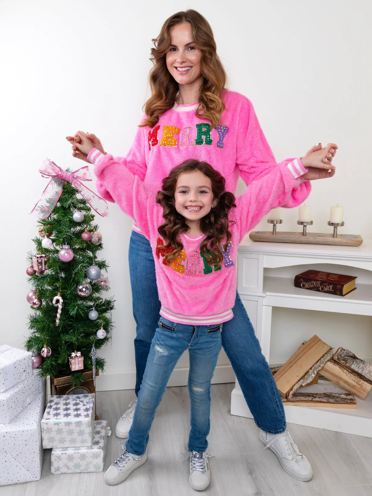 Mommy and Me Merry Embroidered Pink Furry Sweater - Image 6