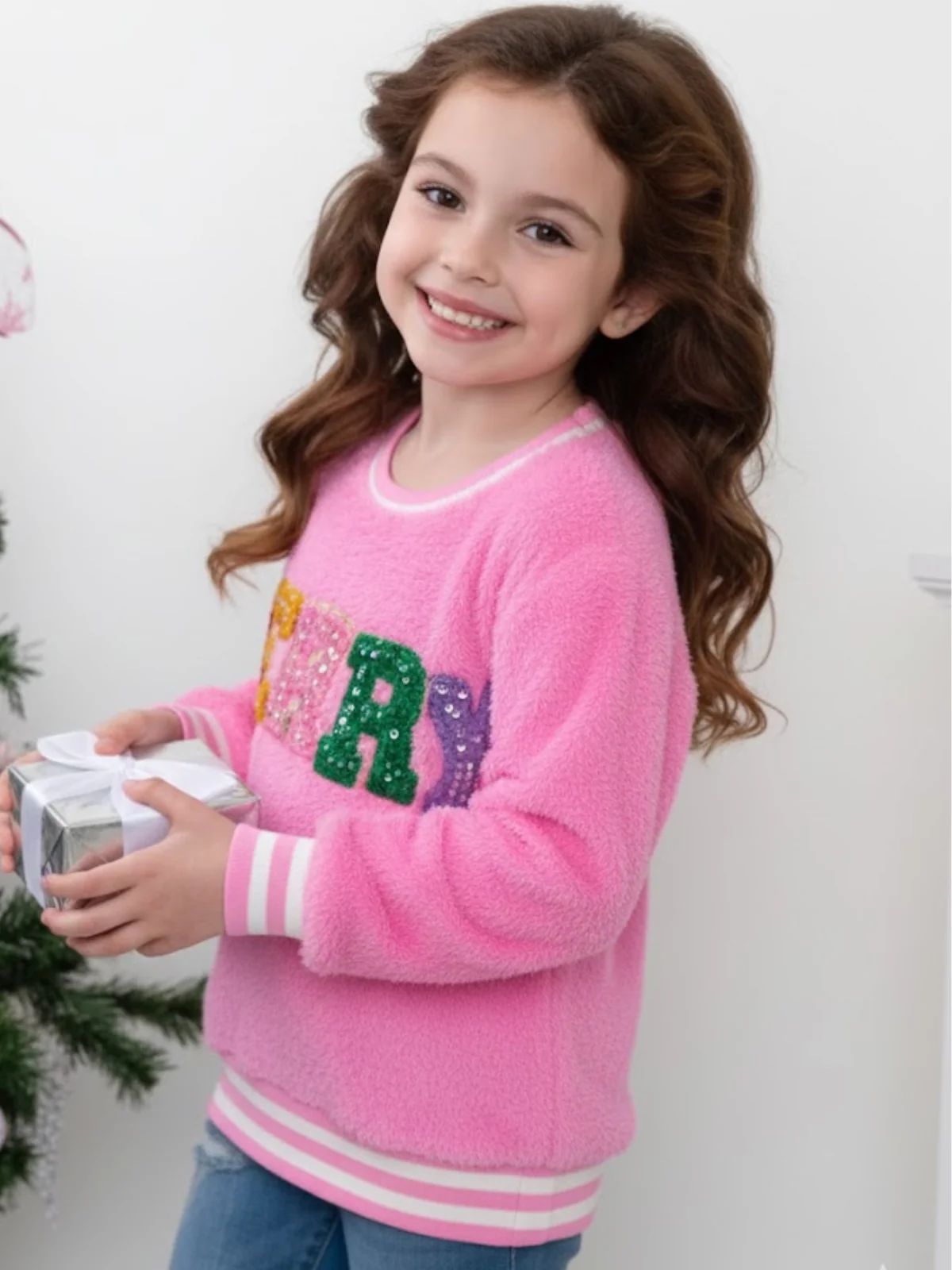 Girls Embroidered Pink Merry Furry Sweater - Image 2