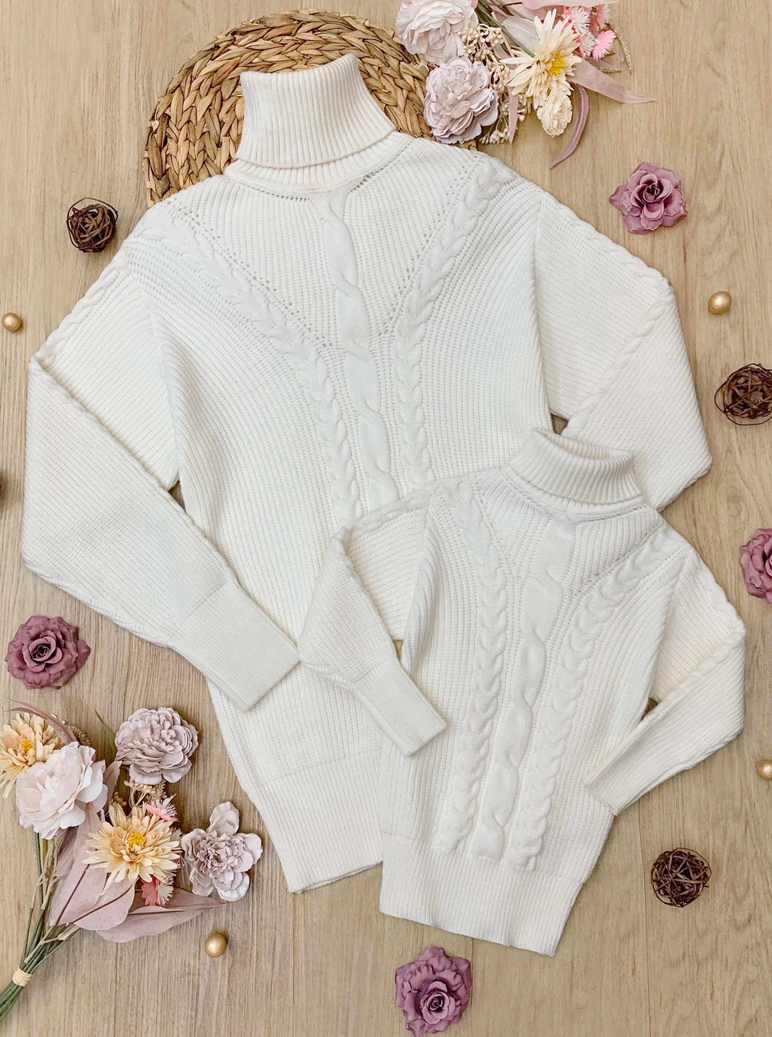 Mommy and Me Cream Oversized Cable Knit Sweater - Image 2