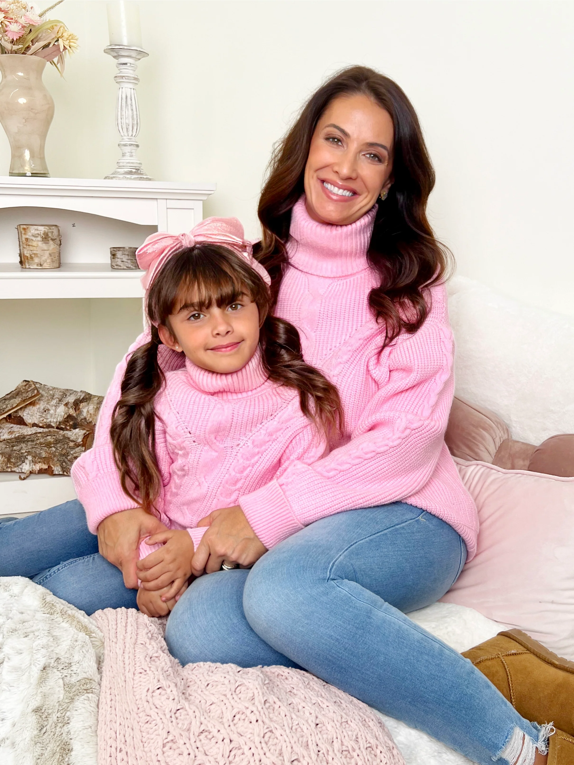 Mommy and Me Pink Oversized Cable Knit Sweater - Image 2