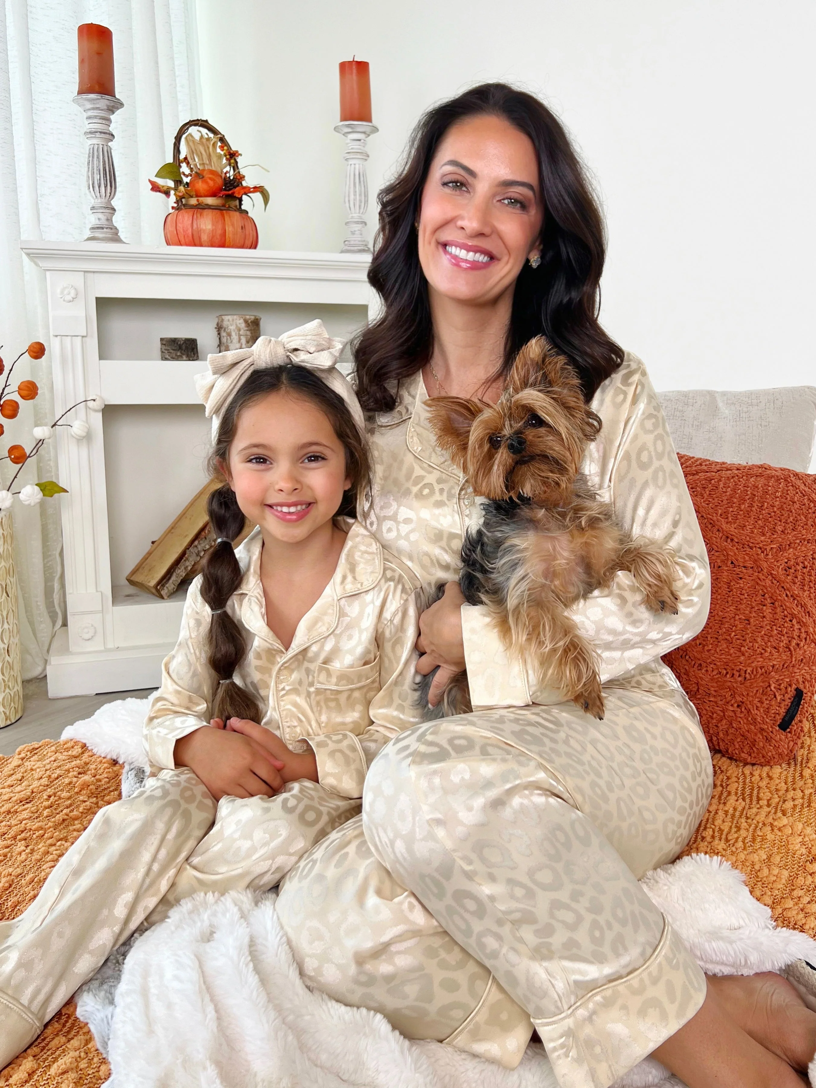 Mommy and Me Cream Leopard Print Silky Pajama Set - Image 2