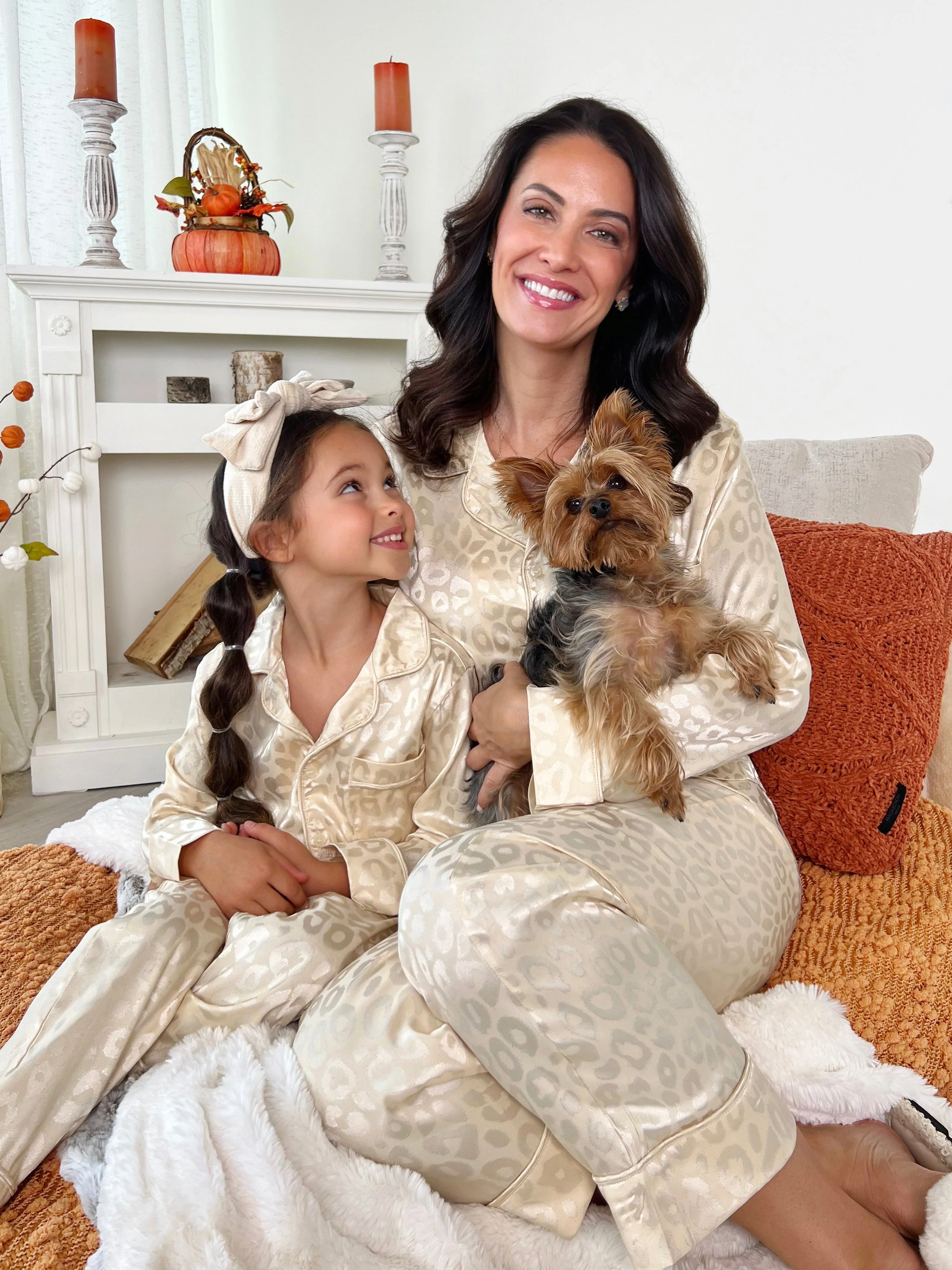 Mommy and Me Cream Leopard Print Silky Pajama Set - Image 4