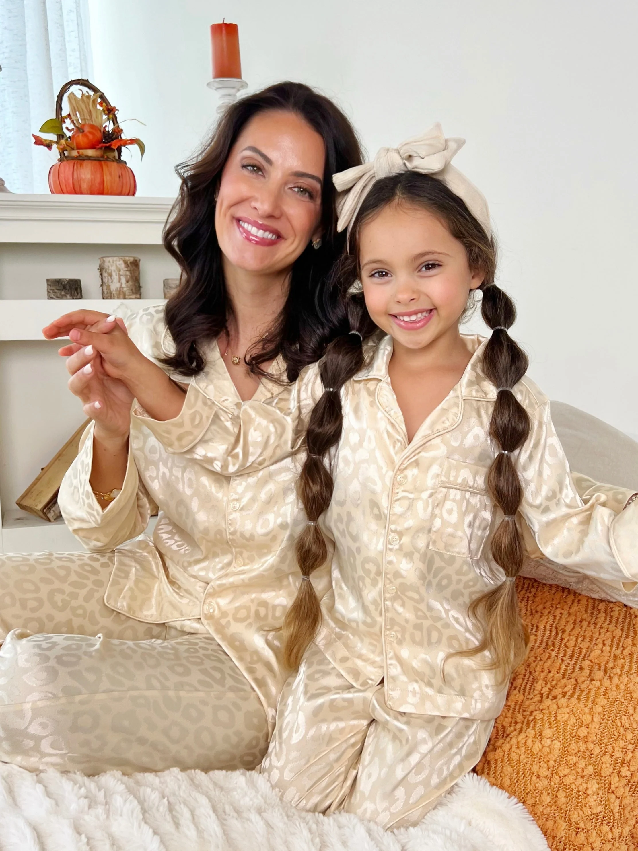 Mommy and Me Cream Leopard Print Silky Pajama Set - Image 6