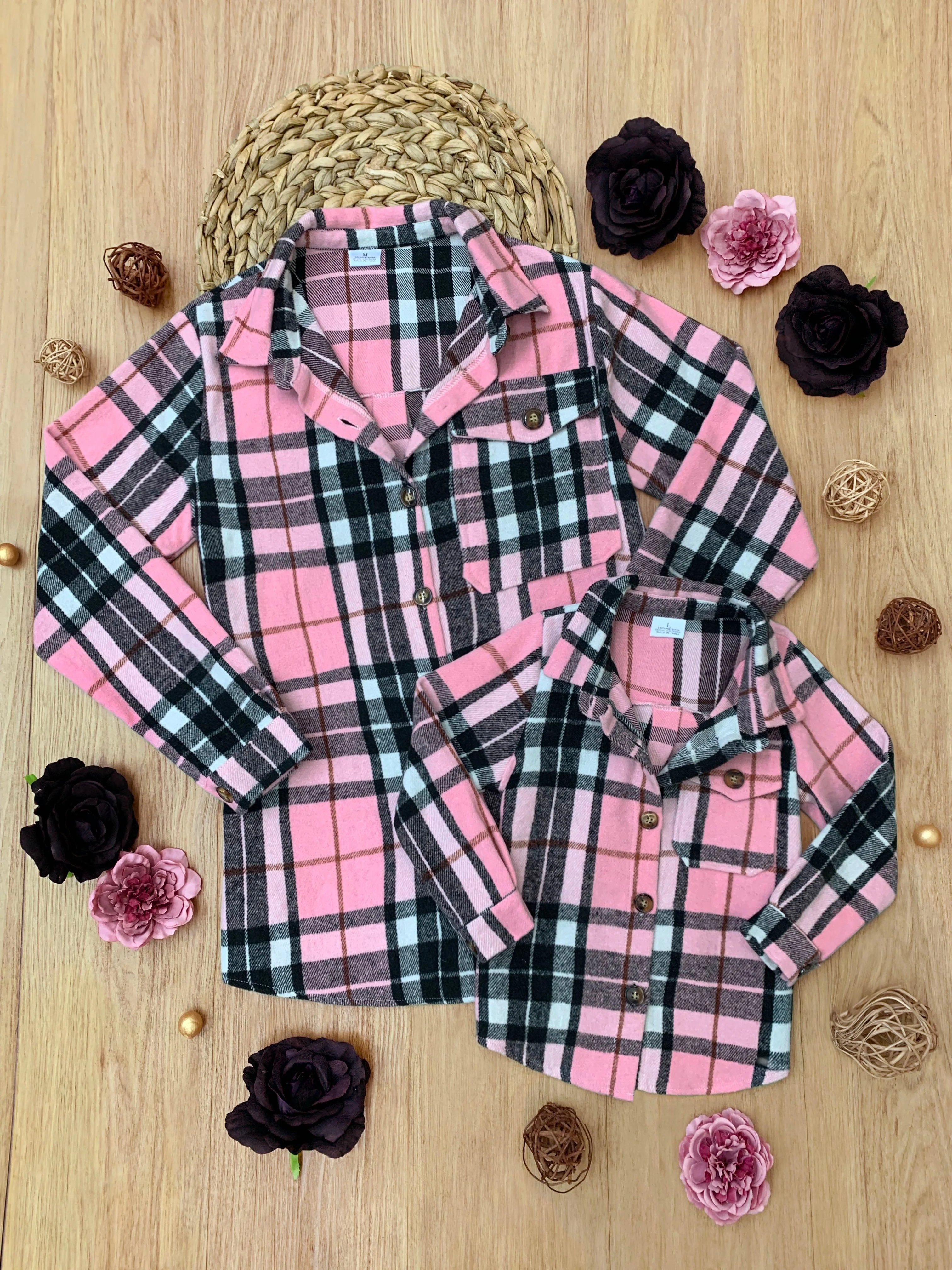 Mommy and Me Pink and Black Plaid Flannel Shacket - Image 3