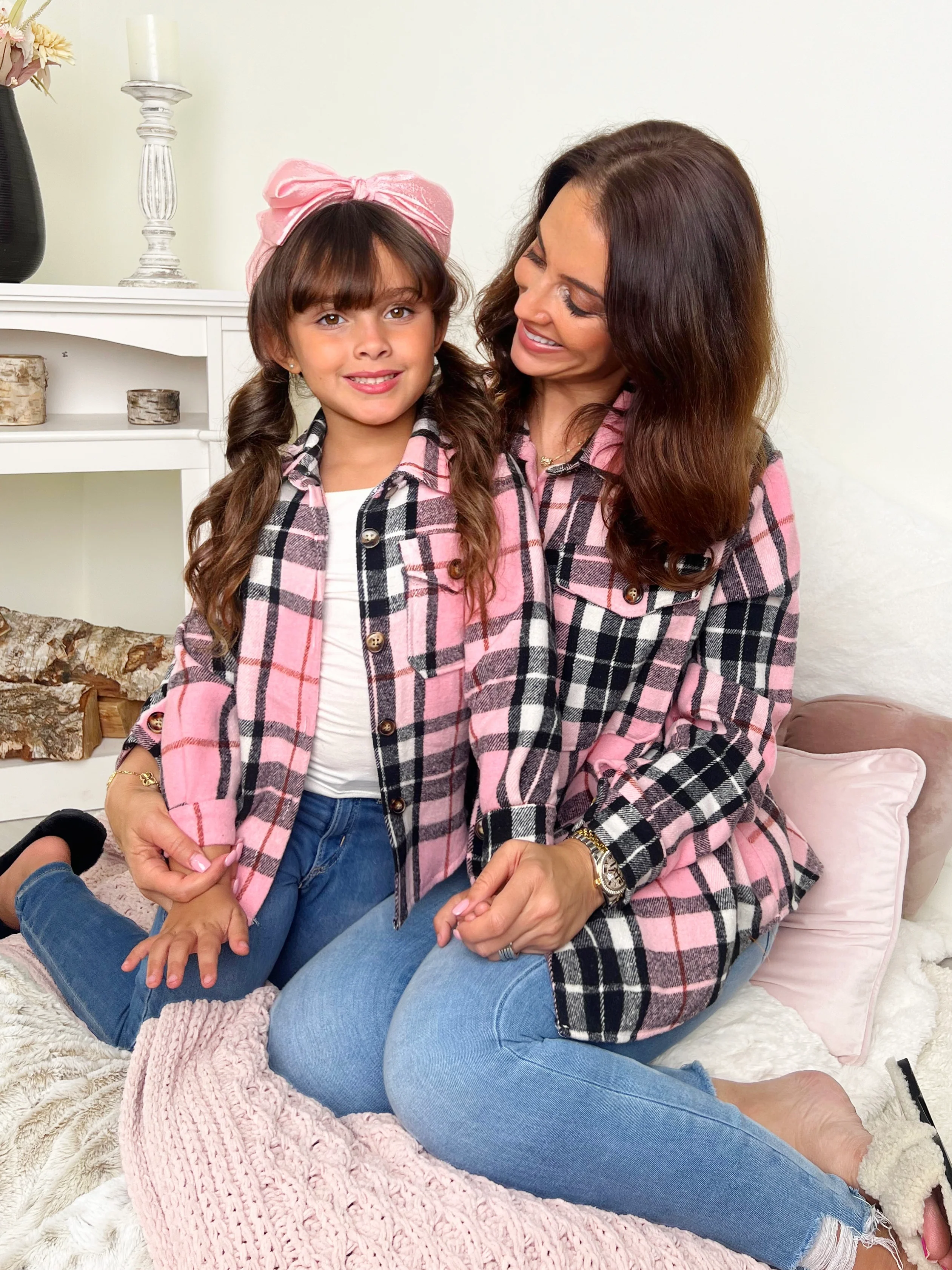 Mommy and Me Pink and Black Plaid Flannel Shacket - Image 4