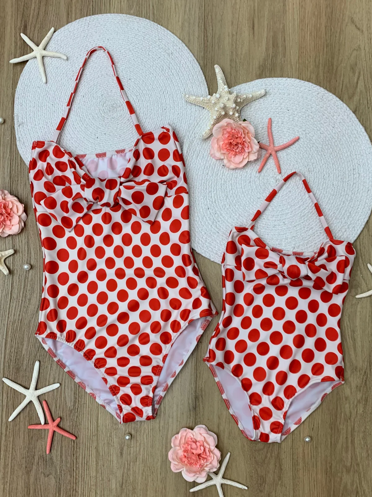 Mommy and Me Bowknot Red Polka Dot One Piece Swimsuit - Image 3