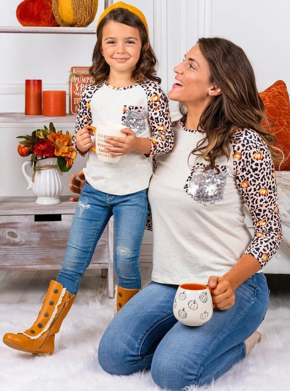 Mommy and Me Pumpkin Leopard Raglan Top - Image 4