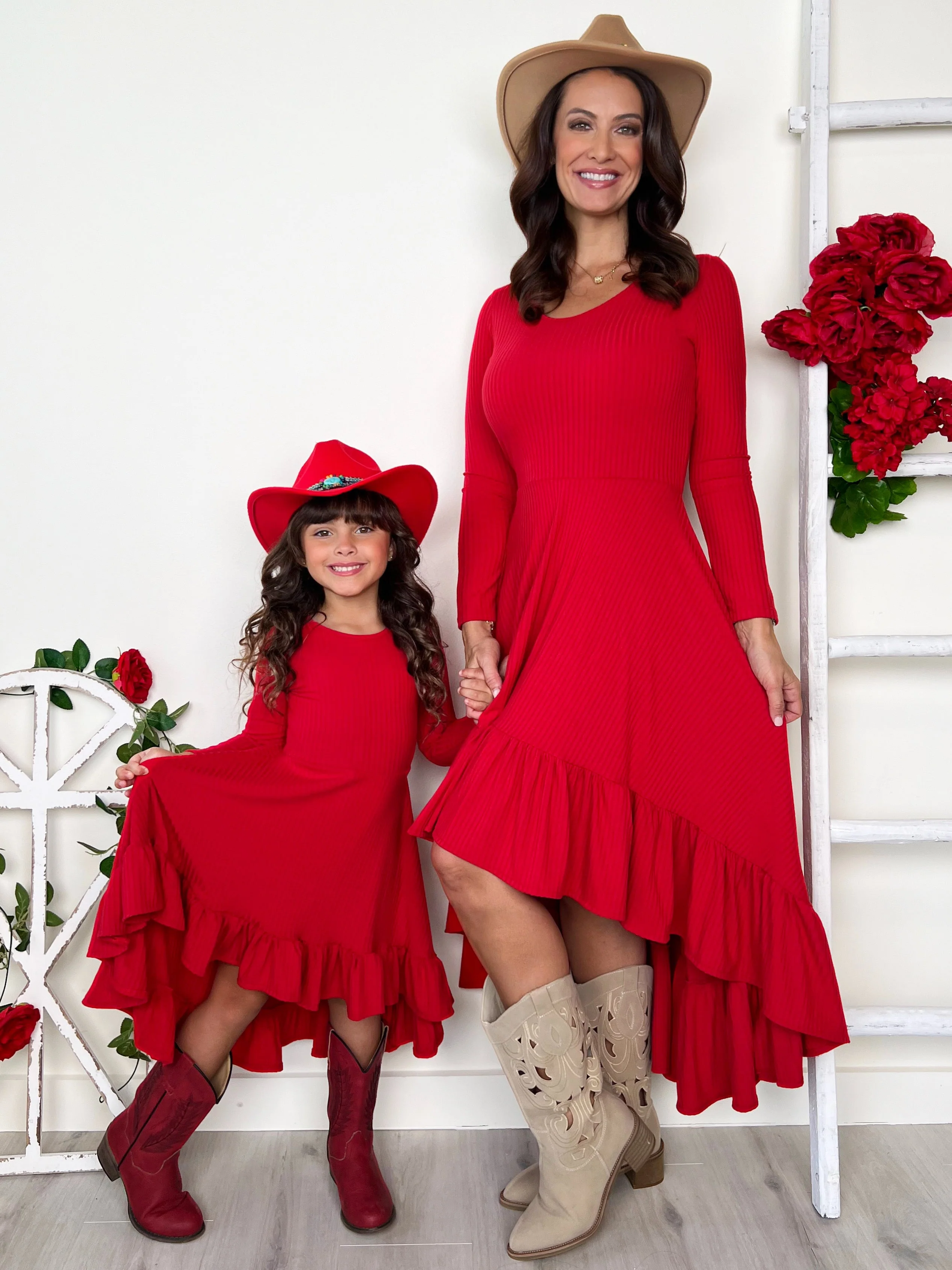 Mommy and Me Red Ruffled Rib Hi-Lo Twirl Dress - Image 2