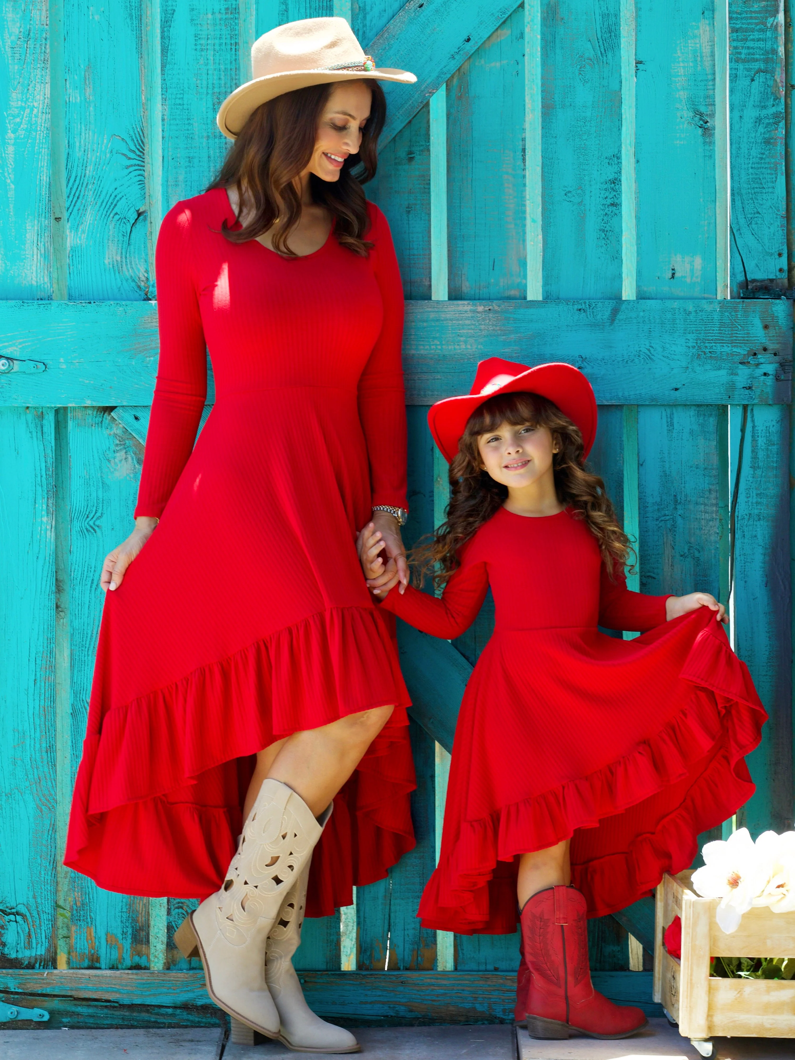 Mommy and Me Red Ruffled Rib Hi-Lo Twirl Dress - Image 5