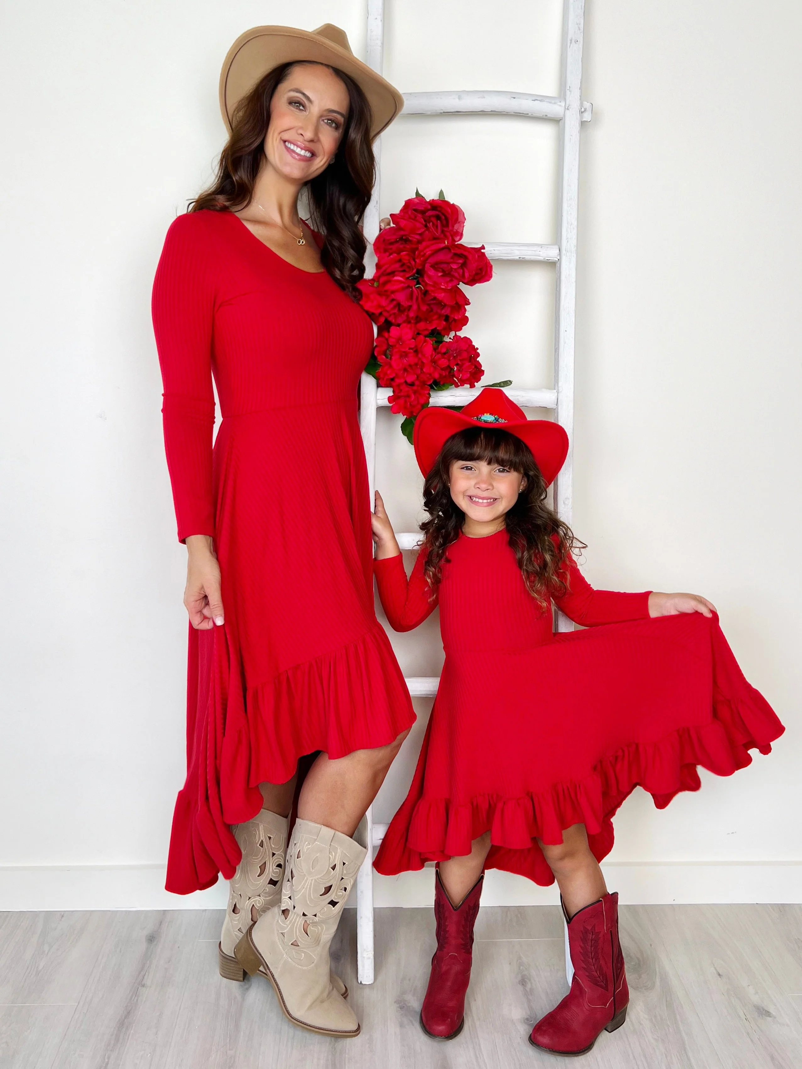 Mommy and Me Red Ruffled Rib Hi-Lo Twirl Dress - Image 6