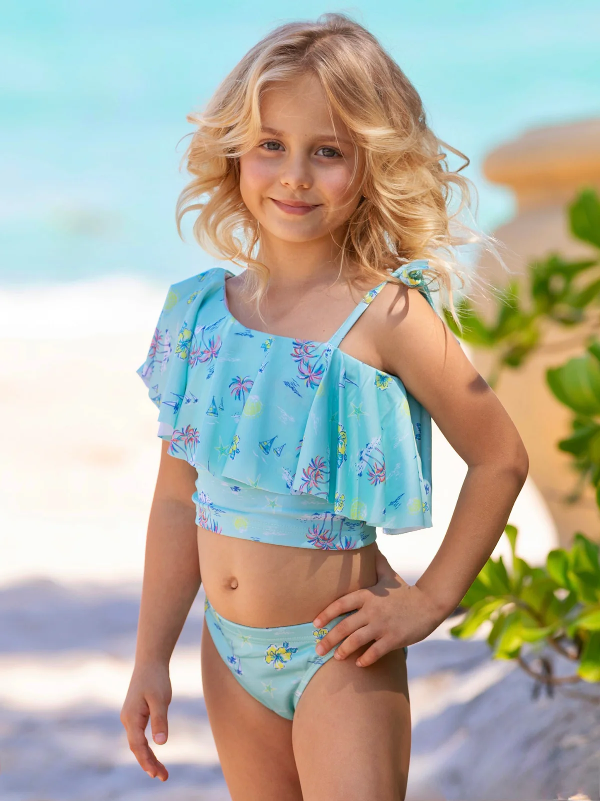 Mommy and Me Seaside Breeze Aqua Ruffle One-Shoulder Tankini Swimsuit - Image 4