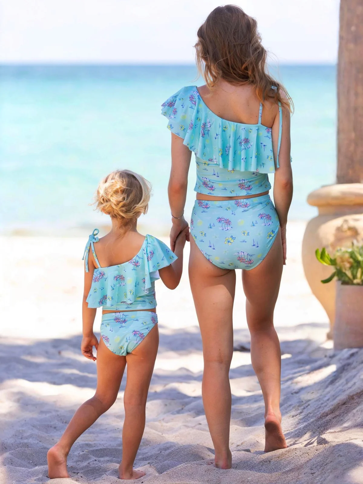 Mommy and Me Seaside Breeze Aqua Ruffle One-Shoulder Tankini Swimsuit - Image 5