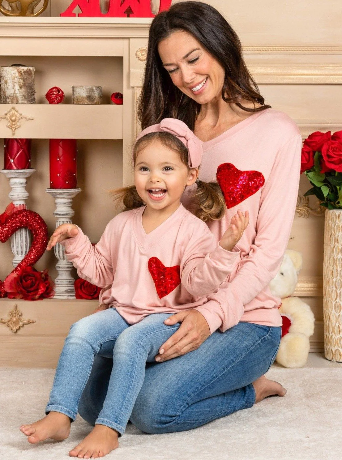 Valentine's Day Sequin Heart Long Sleeve Pink Top - Image 4