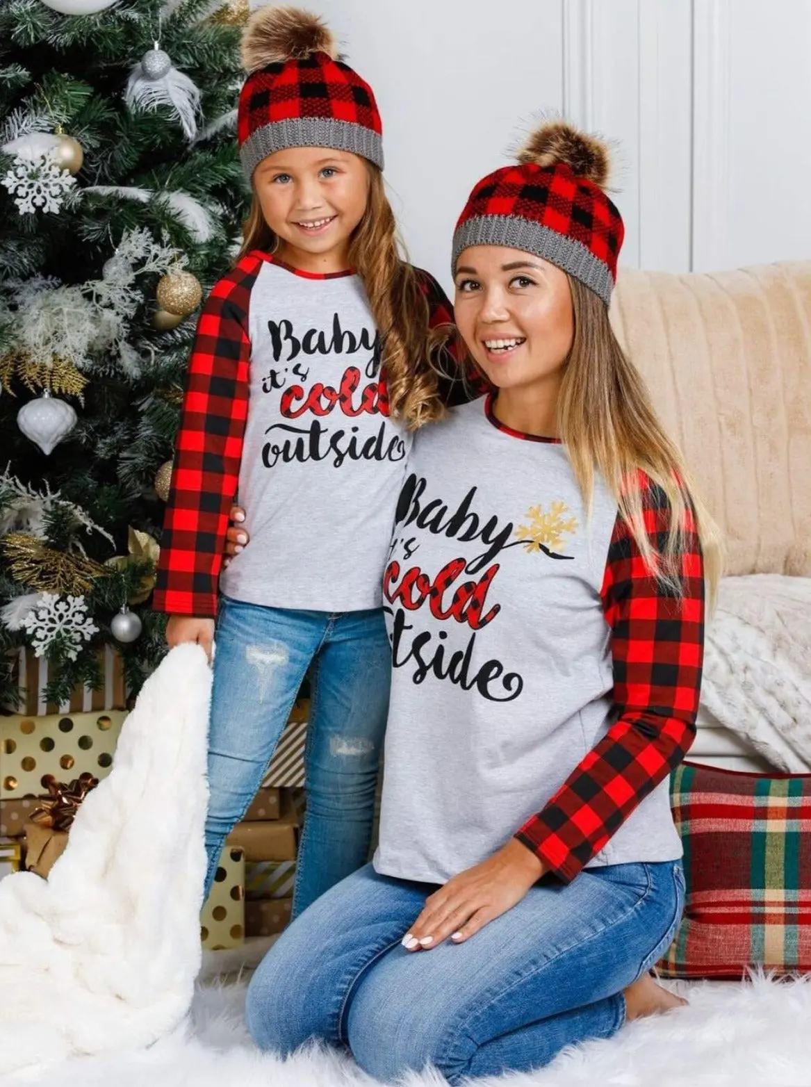 Mommy and Me Baby It's Cold Outside Plaid Raglan Top - Image 2