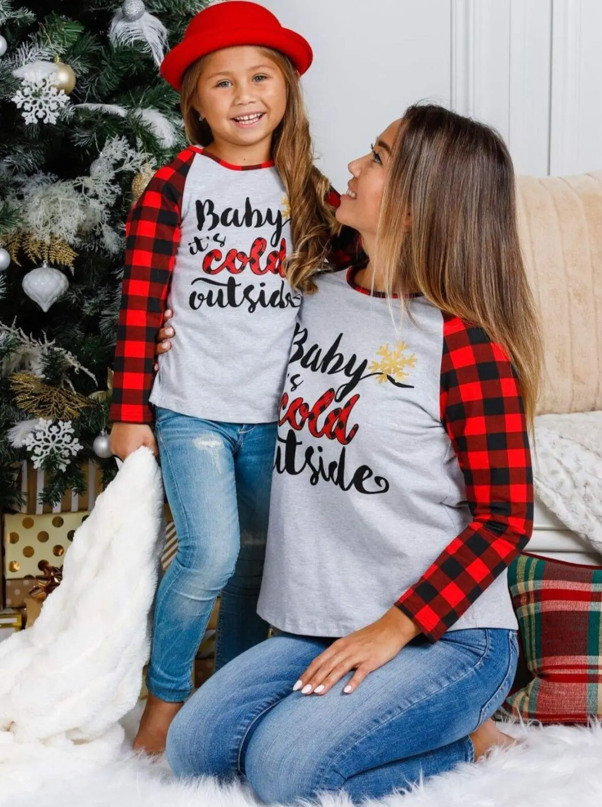Mommy and Me Baby It's Cold Outside Plaid Raglan Top - Image 3