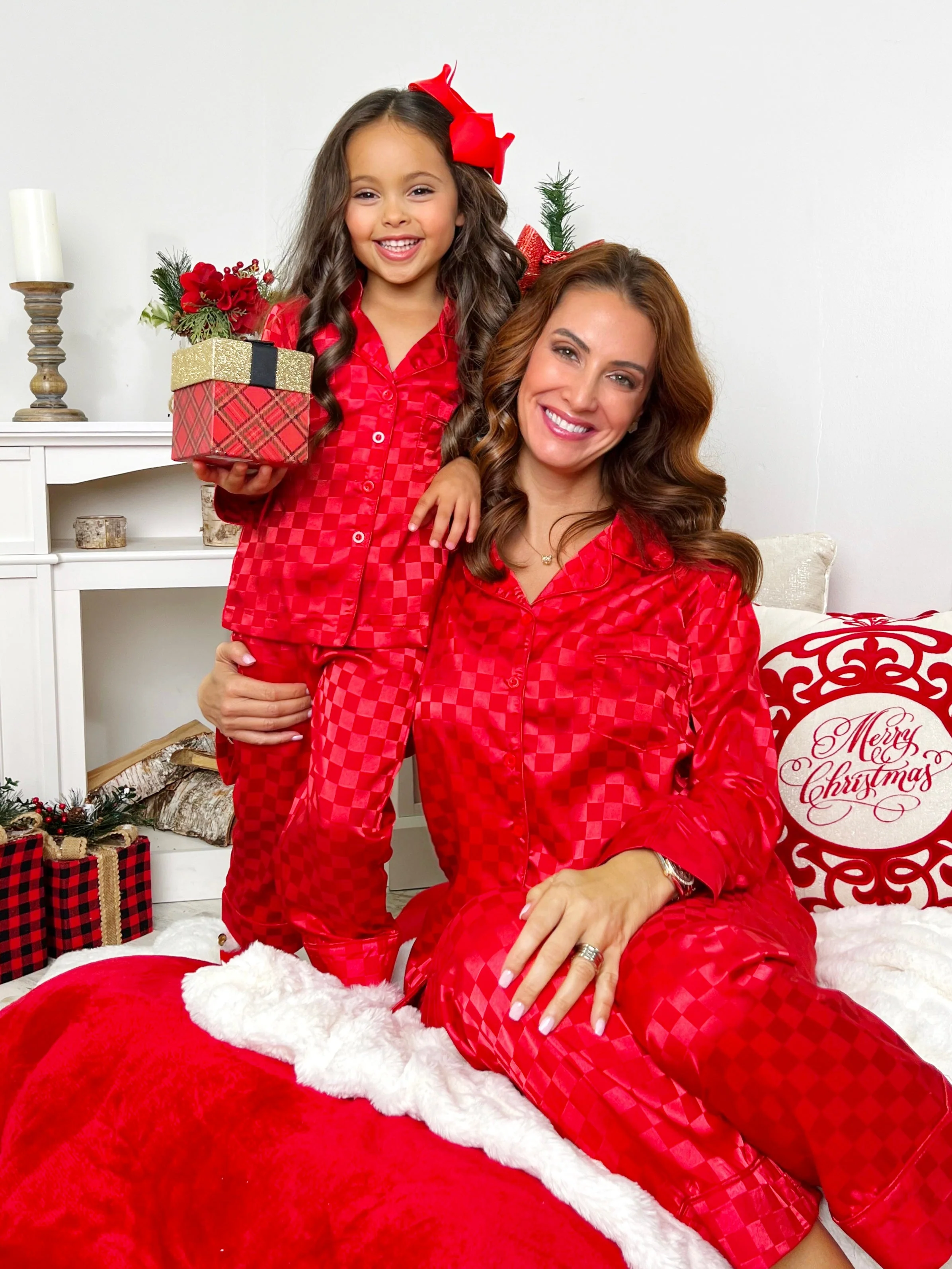 Mommy and Me Red Silky Checkered Pajama Set